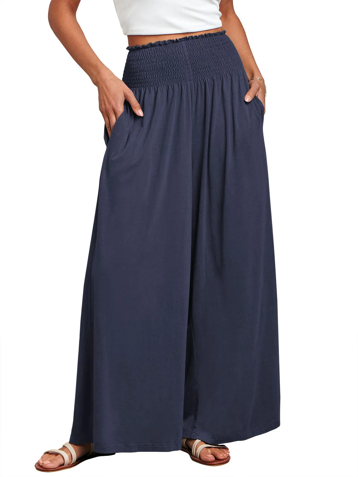 ANRABESS Women Palazzo Pants Summer Boho Bagyy Wide Leg High Smocked Waist Casual Loose Lounge Pant with Pocket X-Large Deep Blue