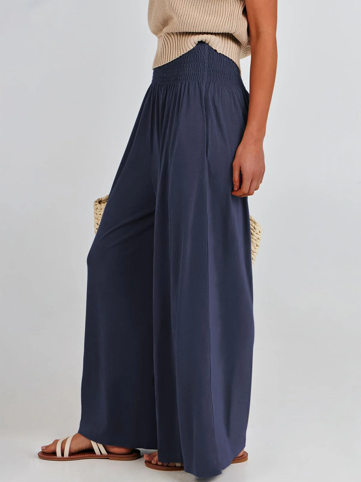 ANRABESS Women Palazzo Pants Summer Boho Bagyy Wide Leg High Smocked Waist Casual Loose Lounge Pant with Pocket X-Large Deep Blue - Image 2