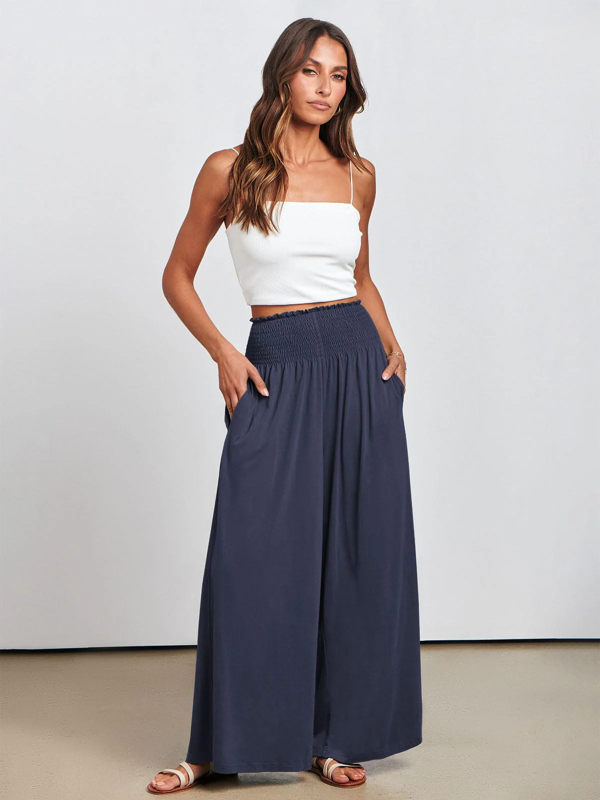 ANRABESS Women Palazzo Pants Summer Boho Bagyy Wide Leg High Smocked Waist Casual Loose Lounge Pant with Pocket X-Large Deep Blue - Image 3