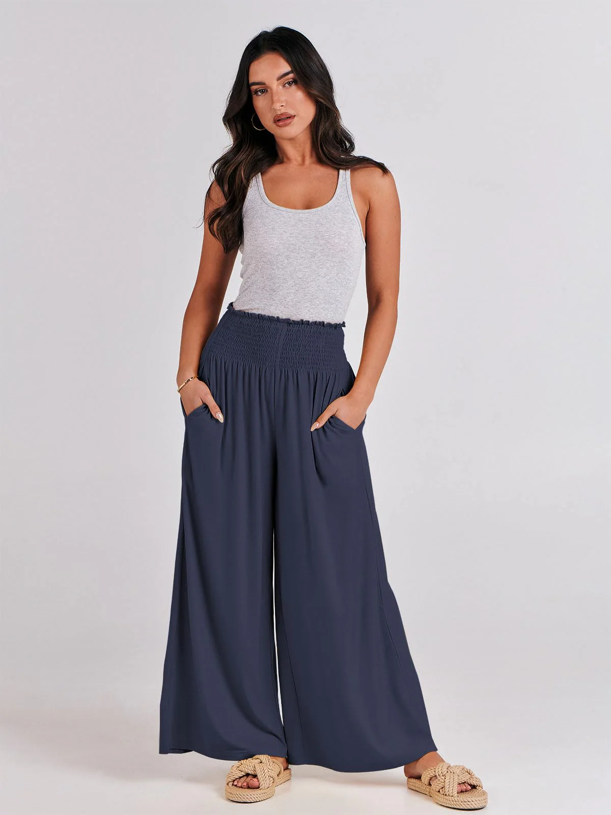 ANRABESS Women Palazzo Pants Summer Boho Bagyy Wide Leg High Smocked Waist Casual Loose Lounge Pant with Pocket X-Large Deep Blue - Image 6