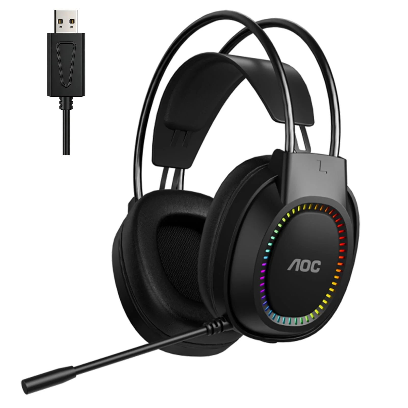 AOC Wired Gaming Headset with Mic, USB Gaming Headphone with Stereo Sound for PC/Laptop/PS4/PS5, 50mm Drivers RGB Corded Headphones for Game/Work/Music, ACG2500