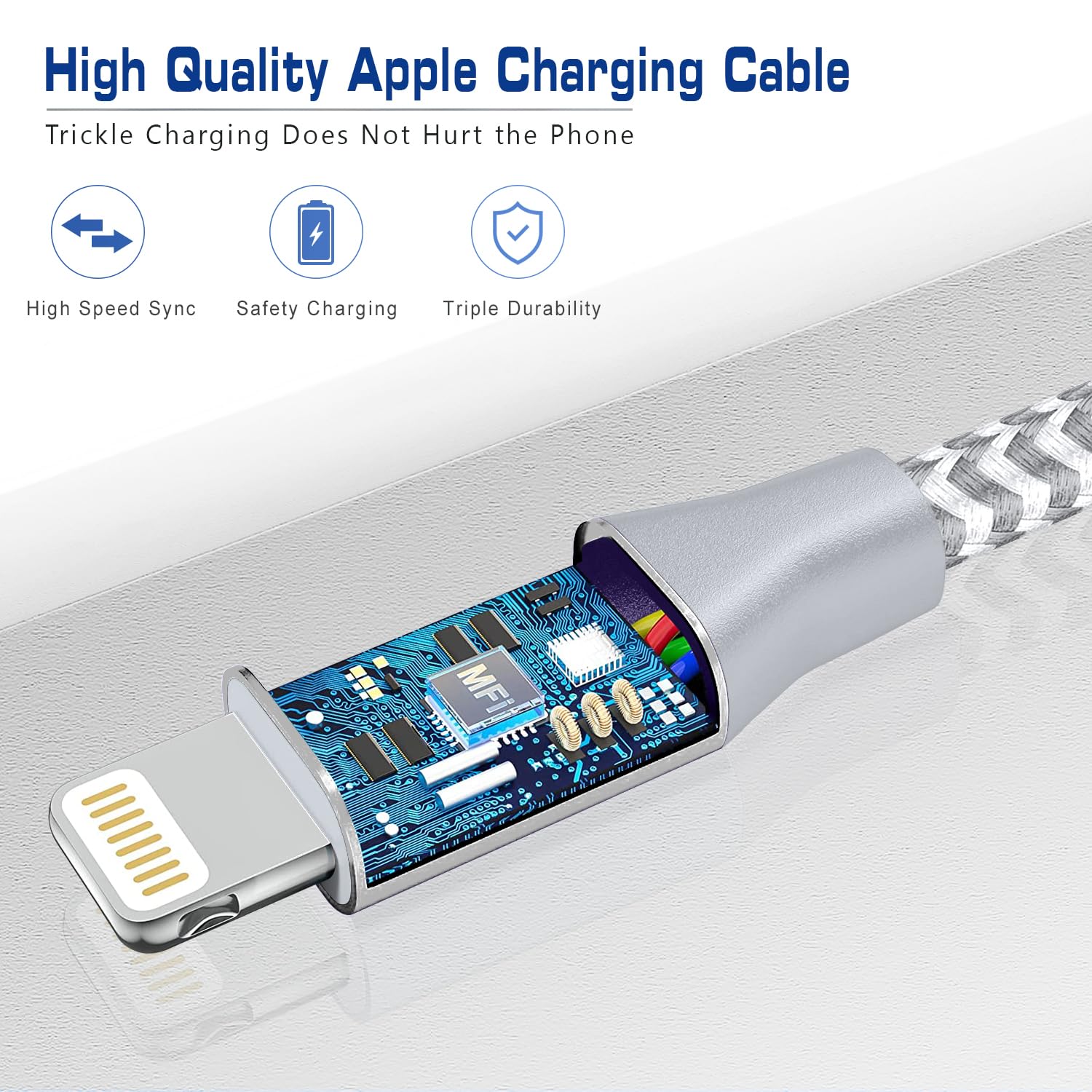 [Apple MFi Certified] Short iPhone Charger 1ft 2Pack,USB A to Lightning Cord Nylon Braided 12 Inch Fast Charging iPhone Cable Compatible with iPhone 14 13 12 11 Pro/Max/Mini Xs SE2/iPad for Car 2Pack-1FT silver - Image 2