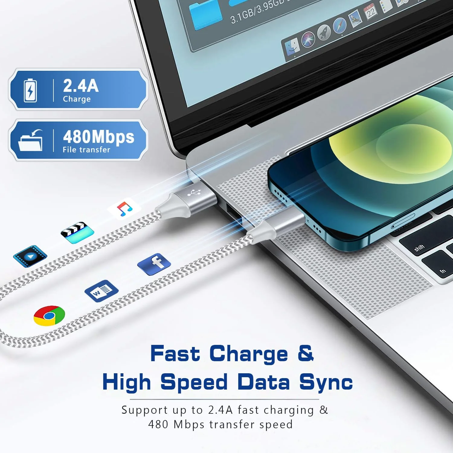 [Apple MFi Certified] Short iPhone Charger 1ft 2Pack,USB A to Lightning Cord Nylon Braided 12 Inch Fast Charging iPhone Cable Compatible with iPhone 14 13 12 11 Pro/Max/Mini Xs SE2/iPad for Car 2Pack-1FT silver - Image 3