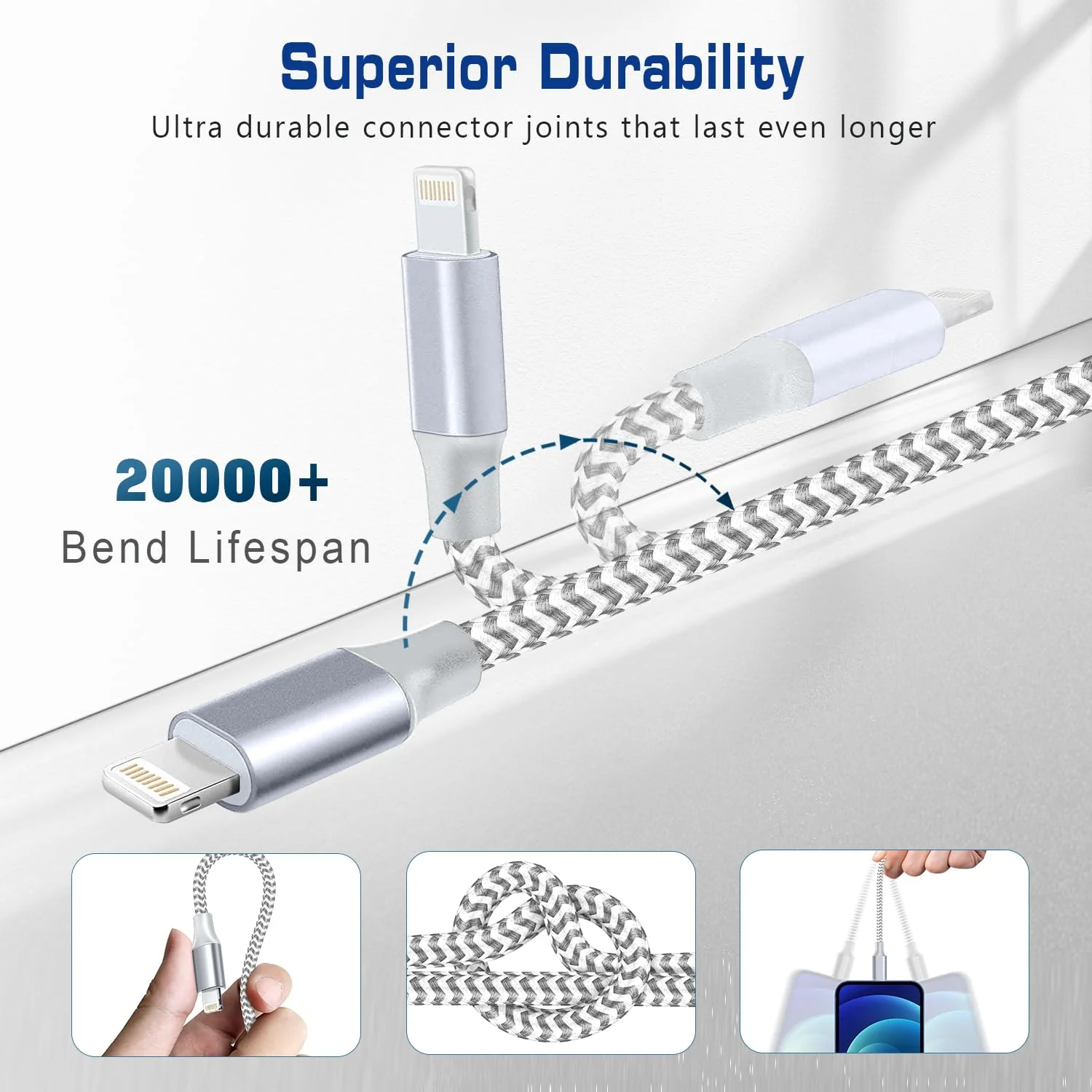 [Apple MFi Certified] Short iPhone Charger 1ft 2Pack,USB A to Lightning Cord Nylon Braided 12 Inch Fast Charging iPhone Cable Compatible with iPhone 14 13 12 11 Pro/Max/Mini Xs SE2/iPad for Car 2Pack-1FT silver - Image 4