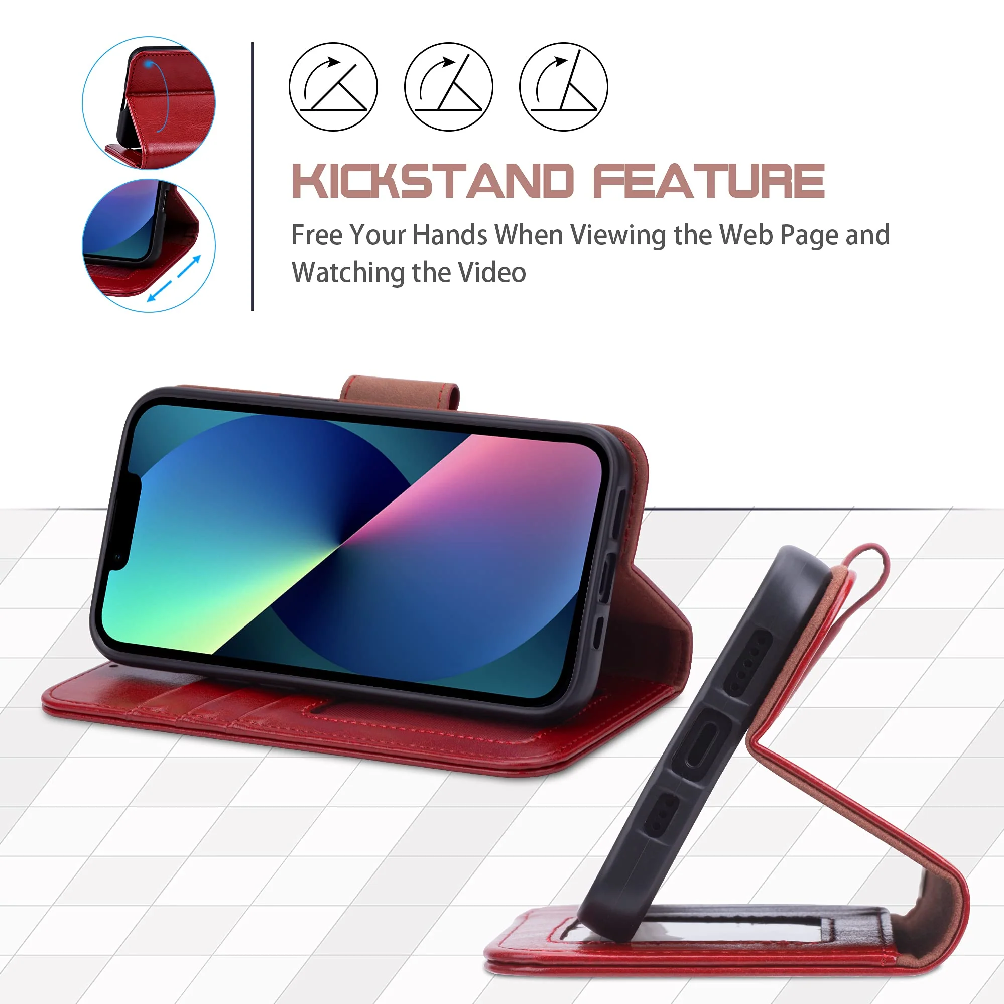 Arae Compatible with iPhone 13 Case[Not for iPhone 13 Pro.] with Card Holder and Wrist Strap Wallet Flip Cover for iPhone 13 6.1 inch-Wine Red iPhone 13(6.1") Wine Red - Image 3