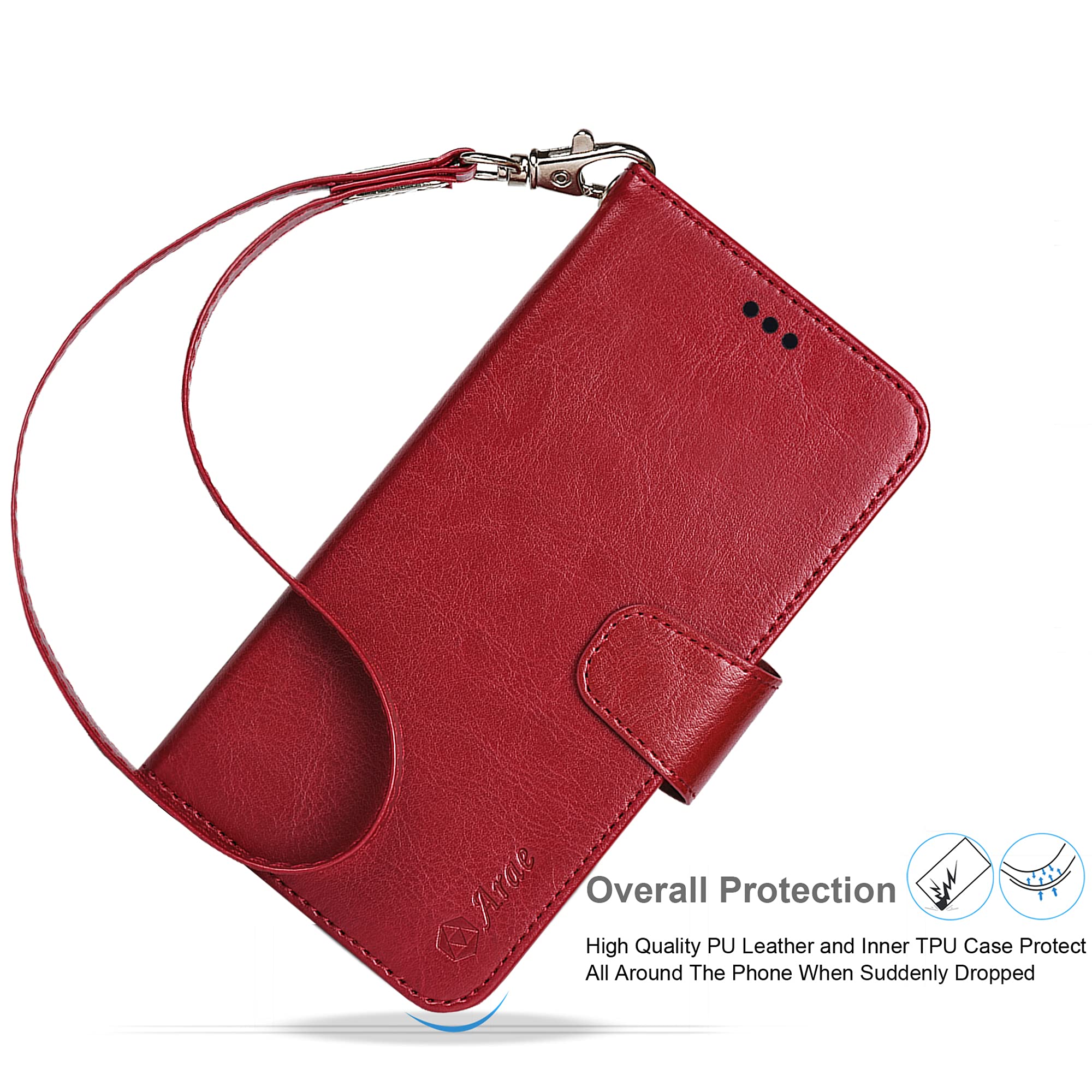 Arae Compatible with iPhone 13 Case[Not for iPhone 13 Pro.] with Card Holder and Wrist Strap Wallet Flip Cover for iPhone 13 6.1 inch-Wine Red iPhone 13(6.1") Wine Red - Image 5