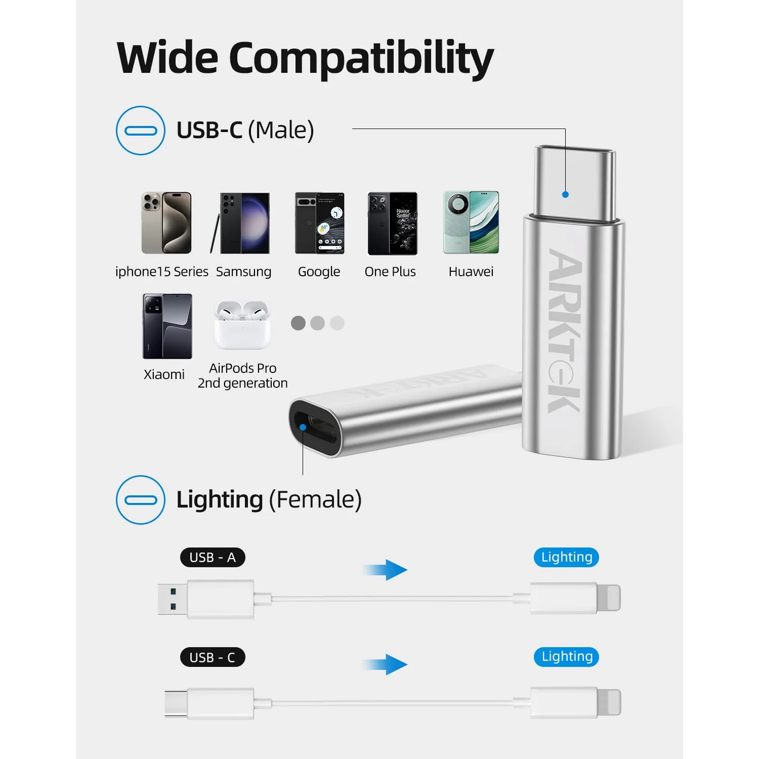 ARKTEK USB-C Adapter i OS Lightning Cable (Female) to USB Type C (Male) - Only Charging Adapter for iPhone 15 Series Galaxy S24/Note 20, Pixel 8 and More (2 Pack, Silver) - Image 4