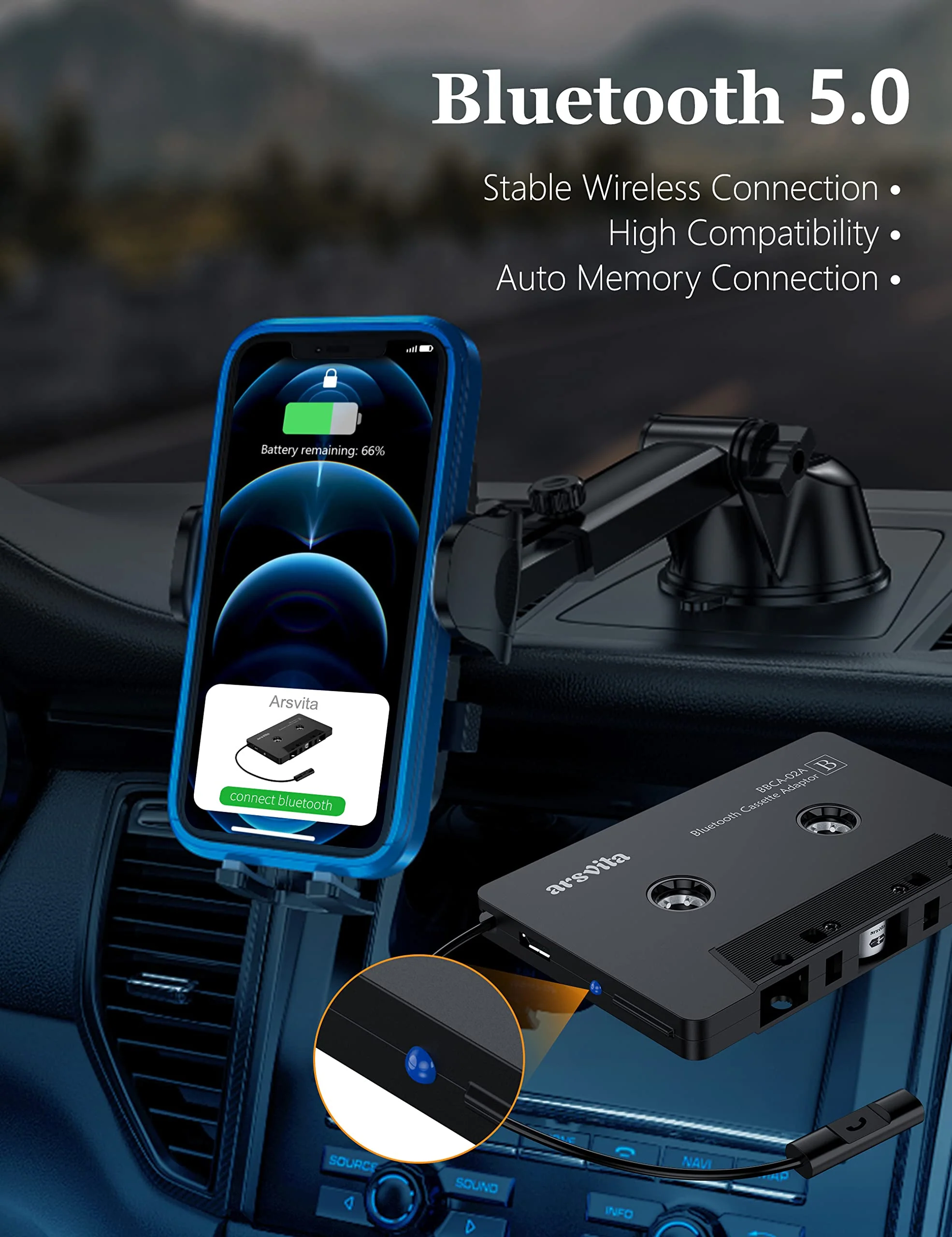 arsvita Bluetooth 5.0 Cassette to Aux Adapter for Car, Tape Audio Adapter, Hands-Free Call, Charcoal Black - Image 3