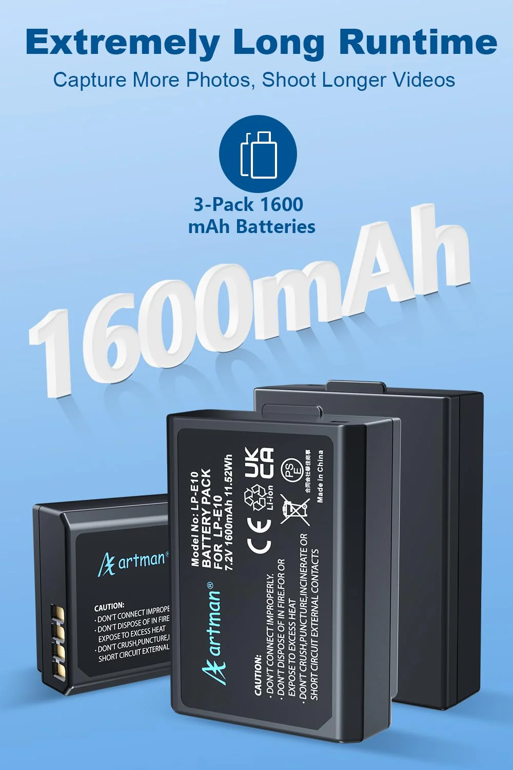 Artman 3-Pack LP-E10 Batteries 1600mAh and 3-Slot LCD Charger Pack for Canon EOS Rebel T7 T6 T5 T3 T100 Kiss X50 Kiss X70 EOS 1100D 1200D 1300D 2000D Digital Cameras - Image 3