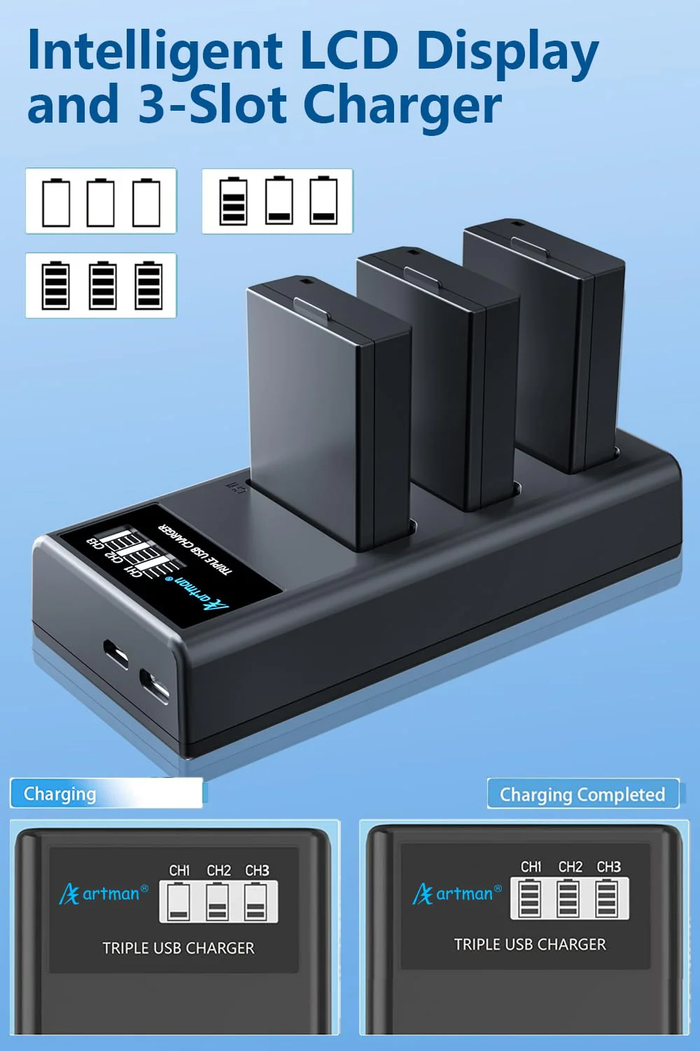 Artman 3-Pack LP-E10 Batteries 1600mAh and 3-Slot LCD Charger Pack for Canon EOS Rebel T7 T6 T5 T3 T100 Kiss X50 Kiss X70 EOS 1100D 1200D 1300D 2000D Digital Cameras - Image 5