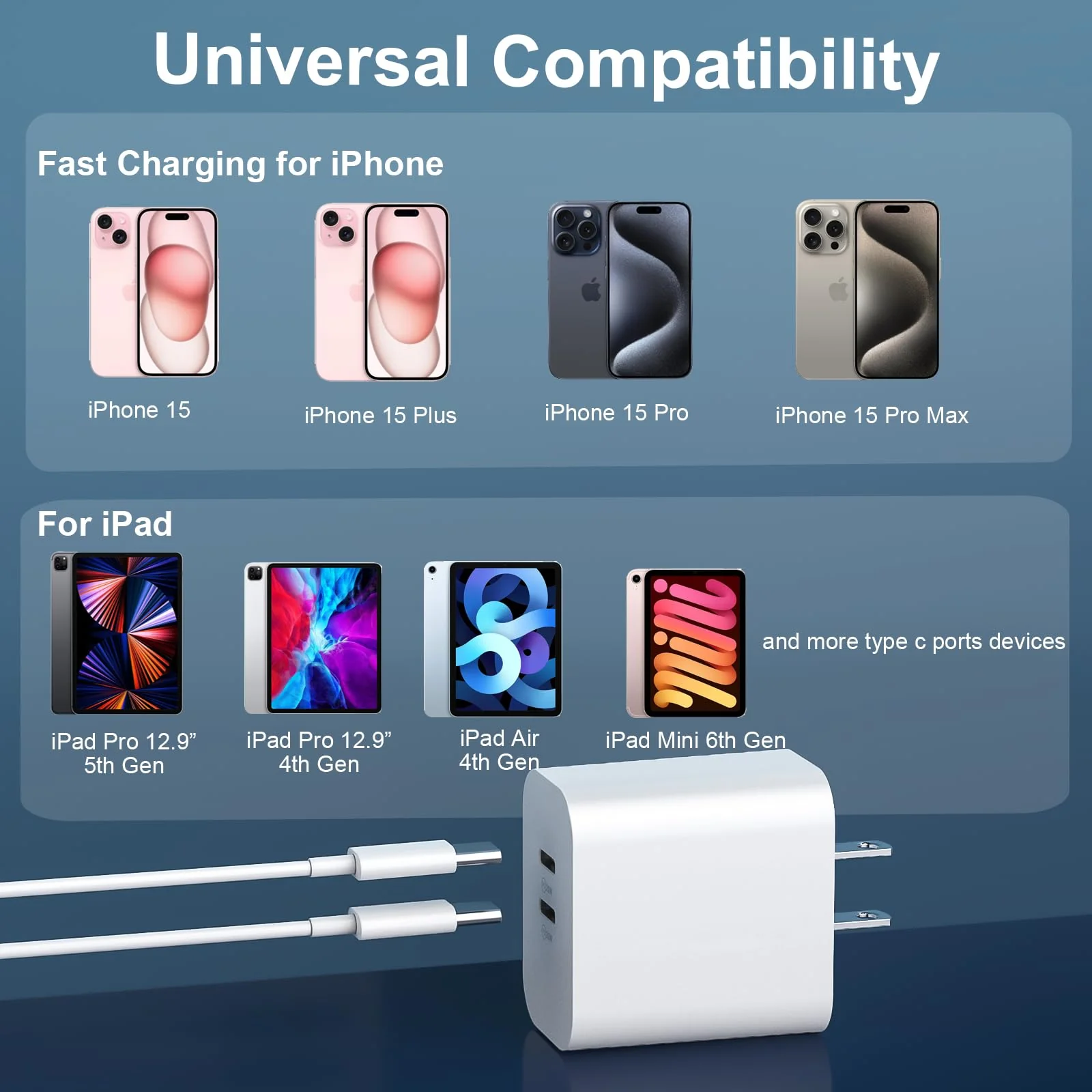 Auorld iPhone 15 Charger Fast Charging[MFi Certified],20W Dual Port USB C Fast Charger Block 10FT Long USB C to C Charging Cable Cord iPhone 15 Pro Max/15 Pro/15/15 Plus,iPad Pro 12.9''/11'',iPad Air white 10 FT - Image 5
