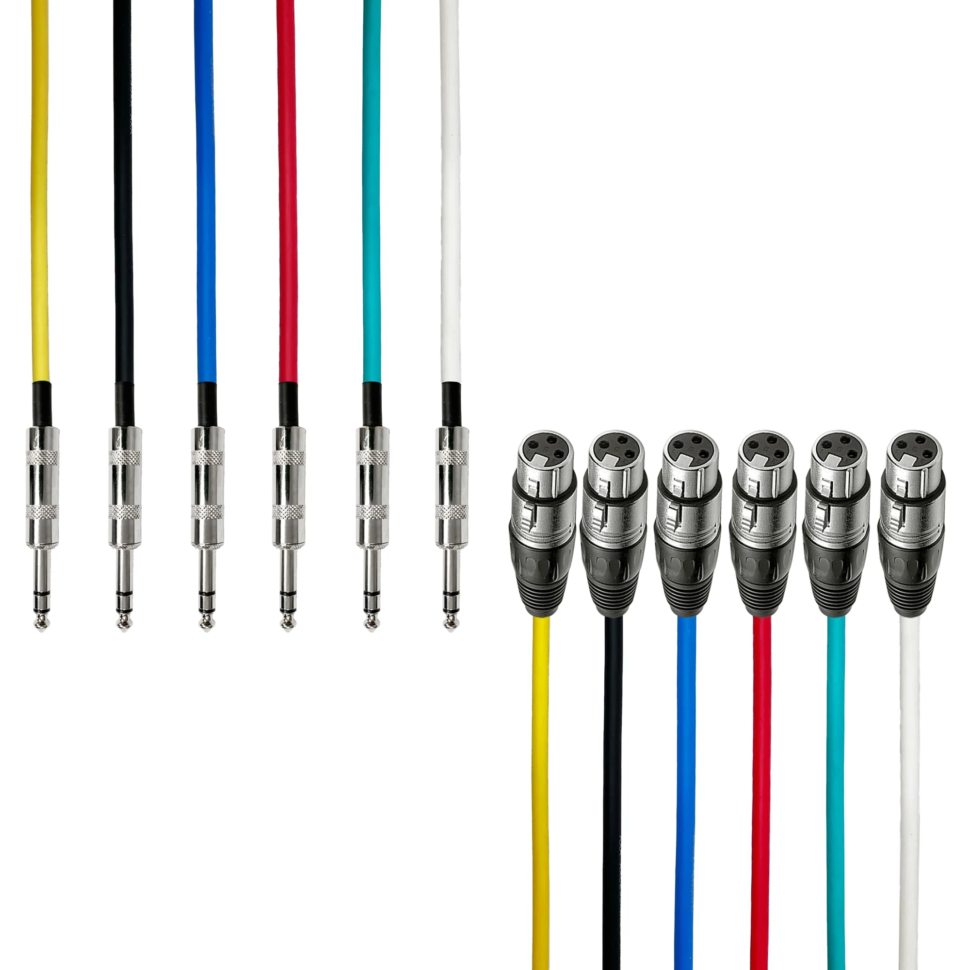 AxcessAbles XLR Female to 1/4" TRS Balanced 15ft Speaker Color Cable Pack | Balanced Speaker, Microphone Snake Cords (15ft - 6 Pack) XLR Female to 1/4 TRS