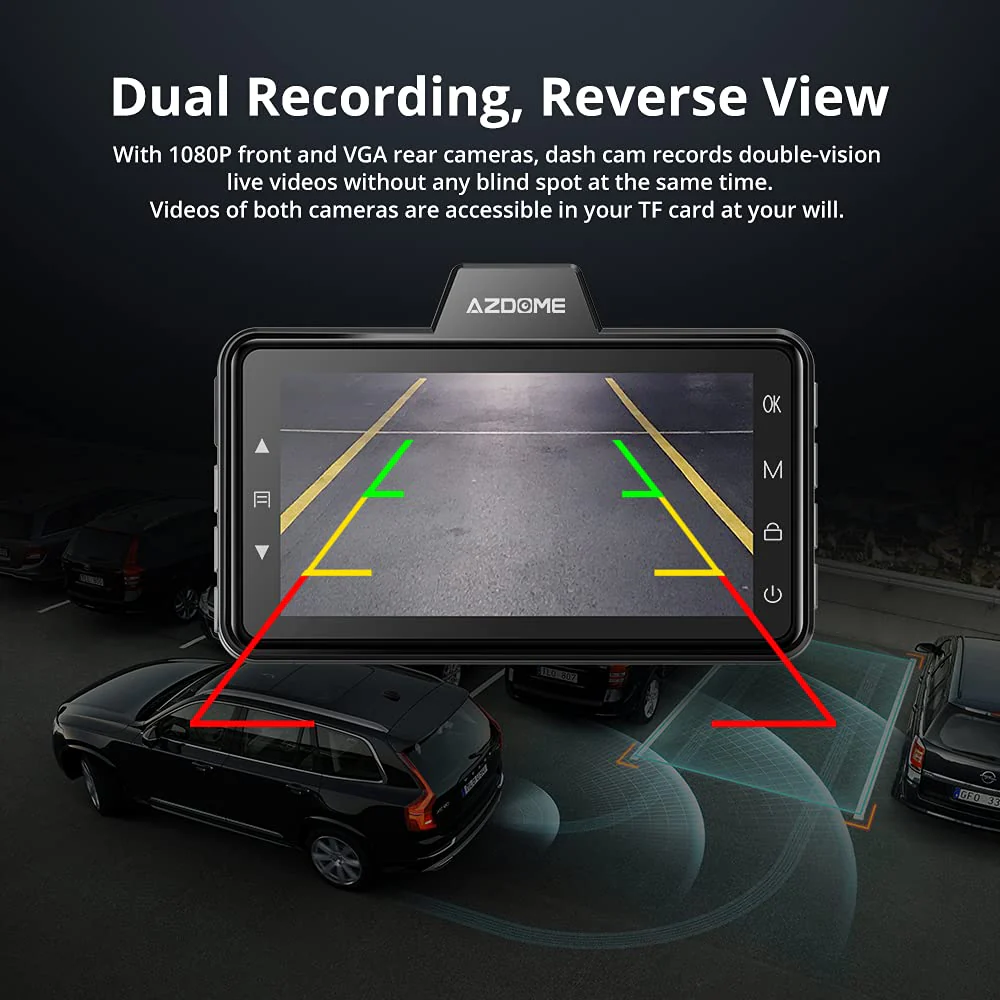 AZDOME Dual Dash Cam Front and Rear, 3 inch 2.5D IPS Screen Free 64GB Card Car Driving Recorder, 1080P FHD Dashboard Camera, Waterproof Backup Camera Night Vision, Park Monitor, G-Sensor, for Car Taxi - Image 5