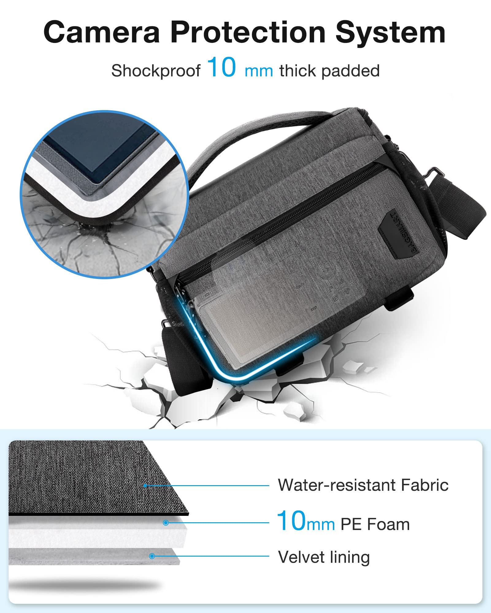 BAGSMART Camera Bag, Small Camera Case with Tripod Holder, Compact Camera Shoulder Bags for DSLR/SLR/Mirrorless Cameras, Waterproof Crossbody Camera Bag Women Men, Grey 02-Grey - Image 2