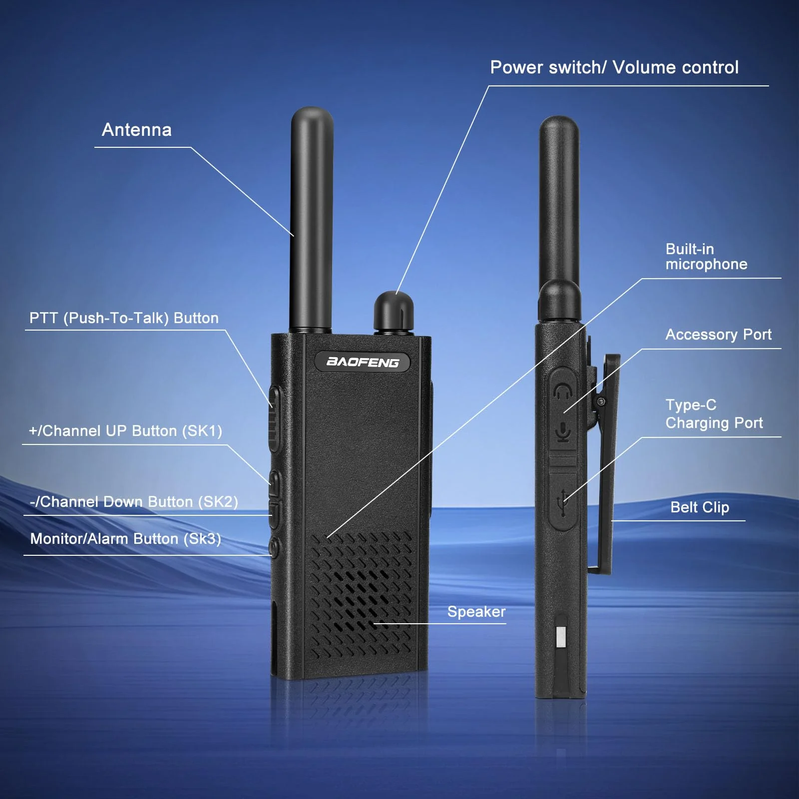Baofeng T26 Walkie Talkies Long Range, Rechargeable Li-ion Battery 16 FRS Channel Two Way Radios with Earpieces for Adults, Handheld Mini Compact Walky Talky with Type-C Charging 2pack - Image 3