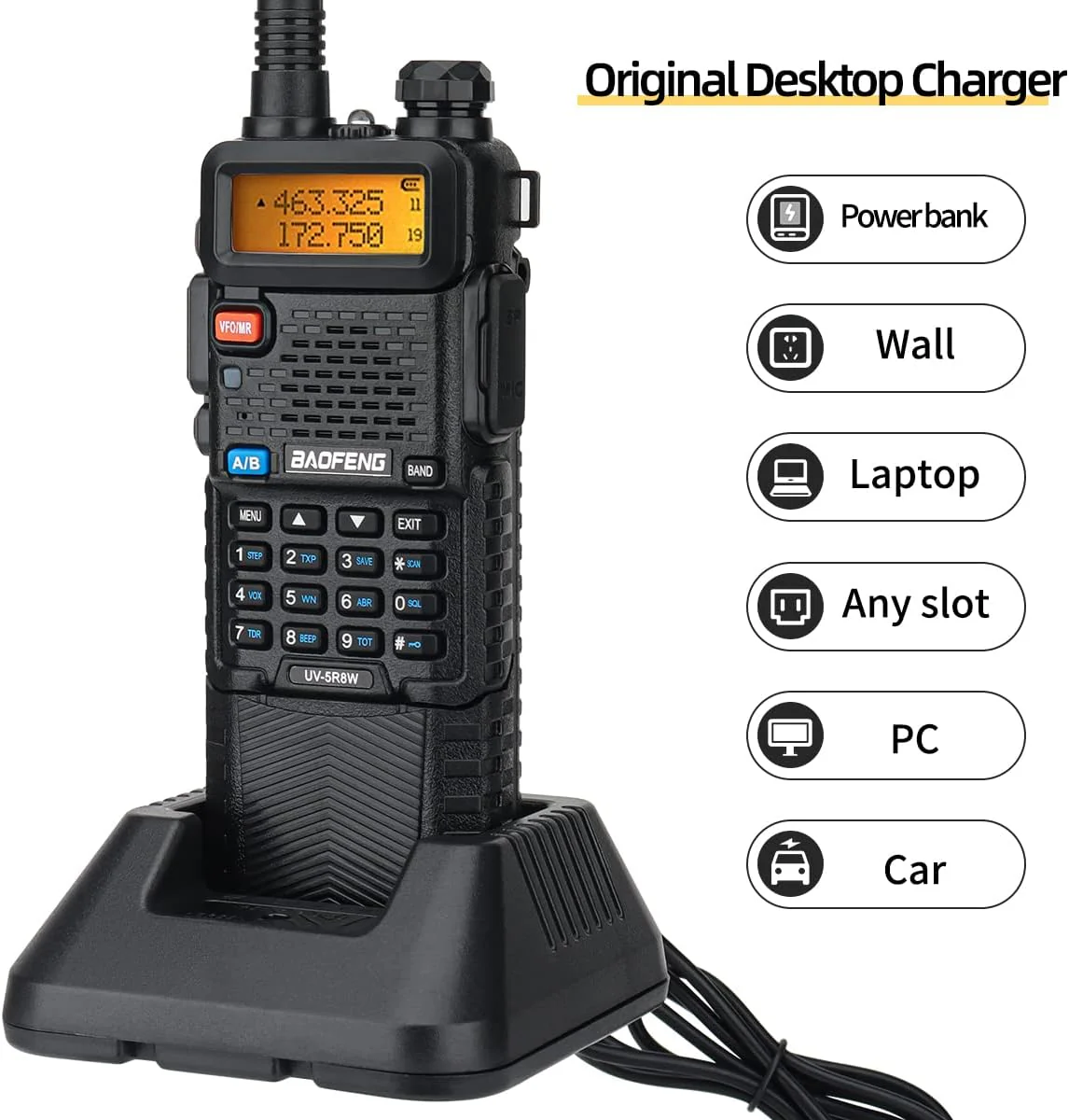 BaoFeng UV-5R Radio 8W Ham Radio Handheld Long Range Two-Way Radio Rechargeable Walkie Talkies for Adults with 3800mAh Battery and USB Charger Cable Black-1Pack+ 18.8" Antenna - Image 6