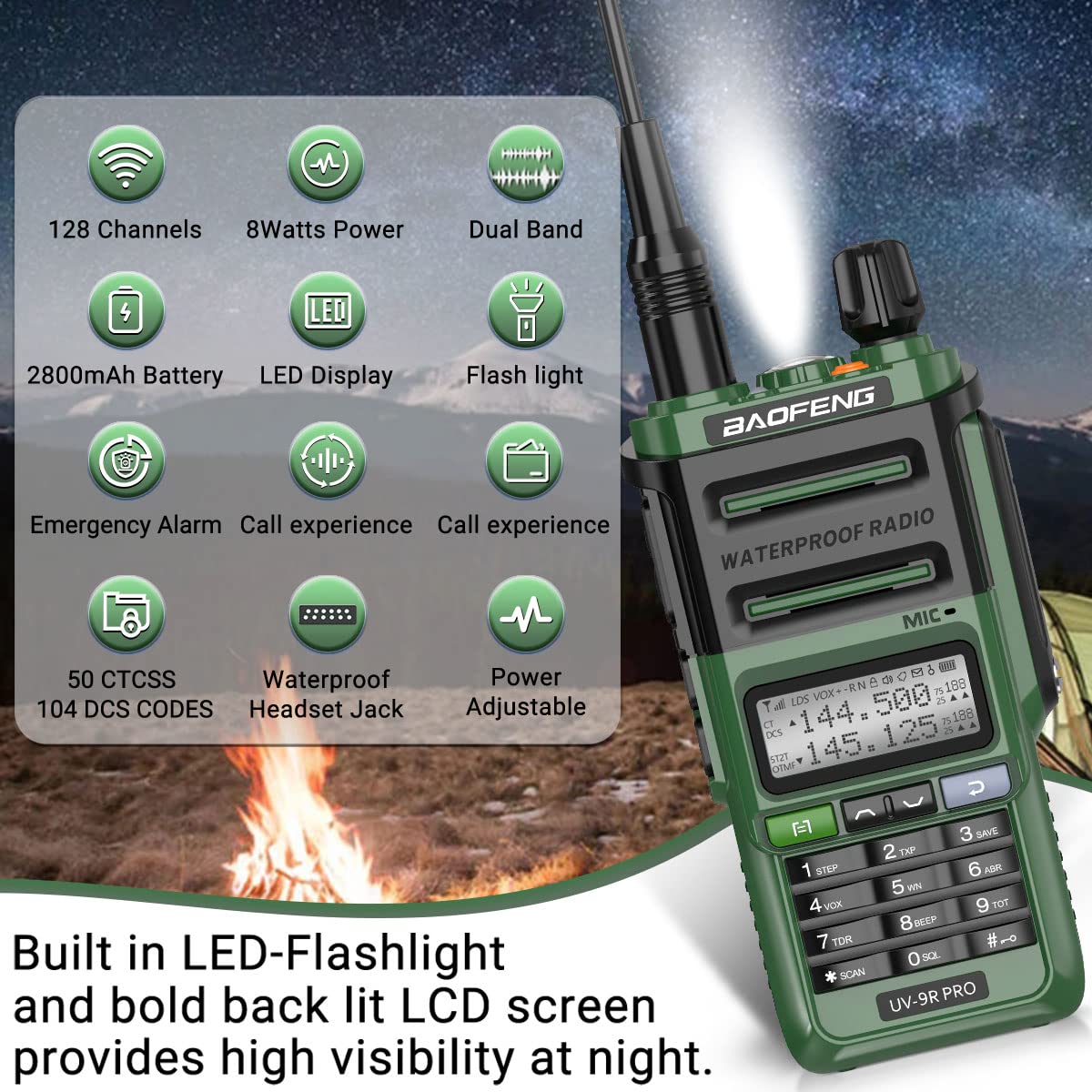 BAOFENG UV-9R Pro Radio Handheld Two Way Radio Dual Band Waterproof Transceiver Long Range Walkie Talkie Rechargeable with Type-C Charger Green+AR-771 - Image 3