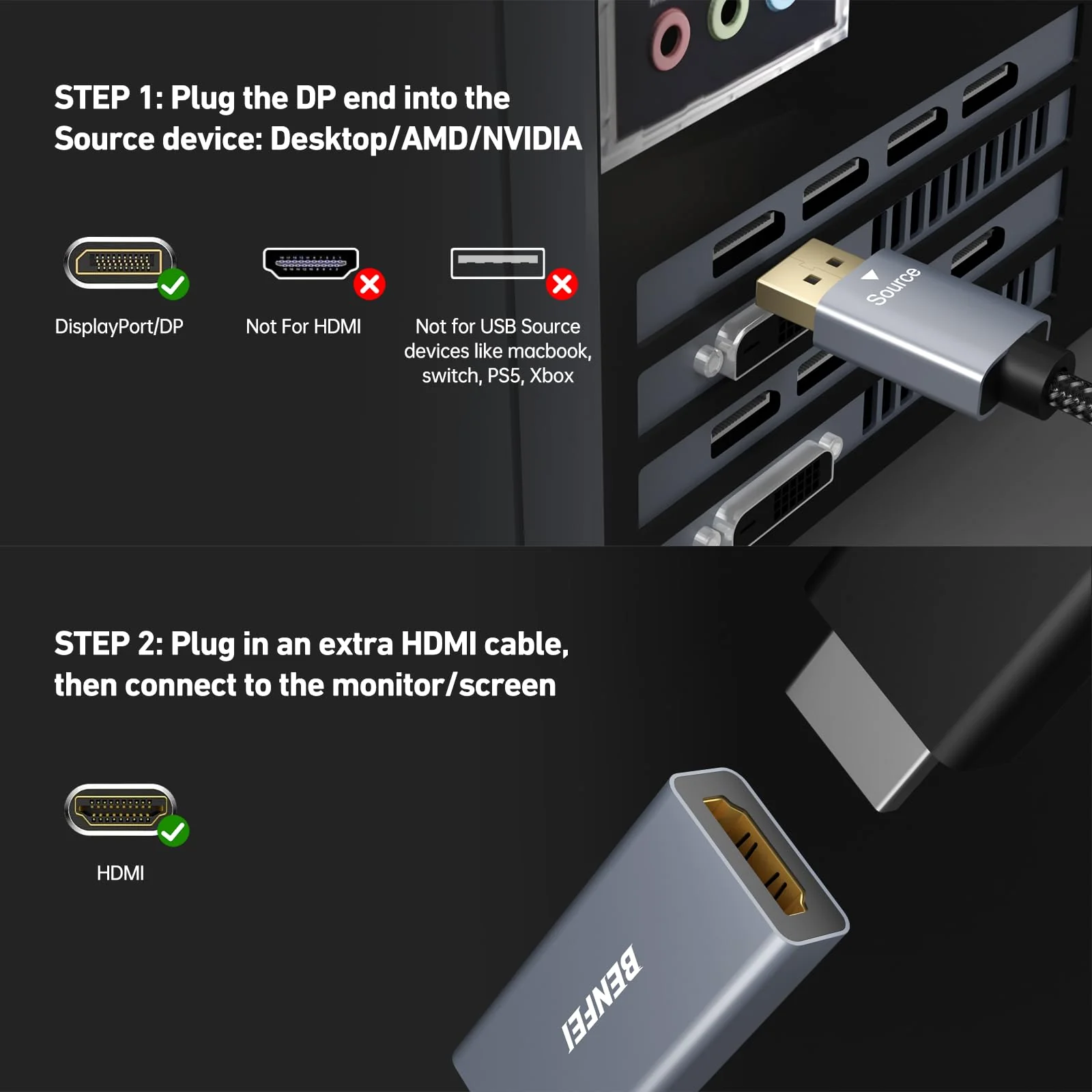 BENFEI 4K DisplayPort to HDMI Adapter Cable, (2K 60Hz, 1080p 120Hz) Uni-Directional Display Port to HDMI Monitor Converter Compatible for HP, Dell, GPU, AMD, NVIDIA, More. Male to Female 1 Grey - Image 7