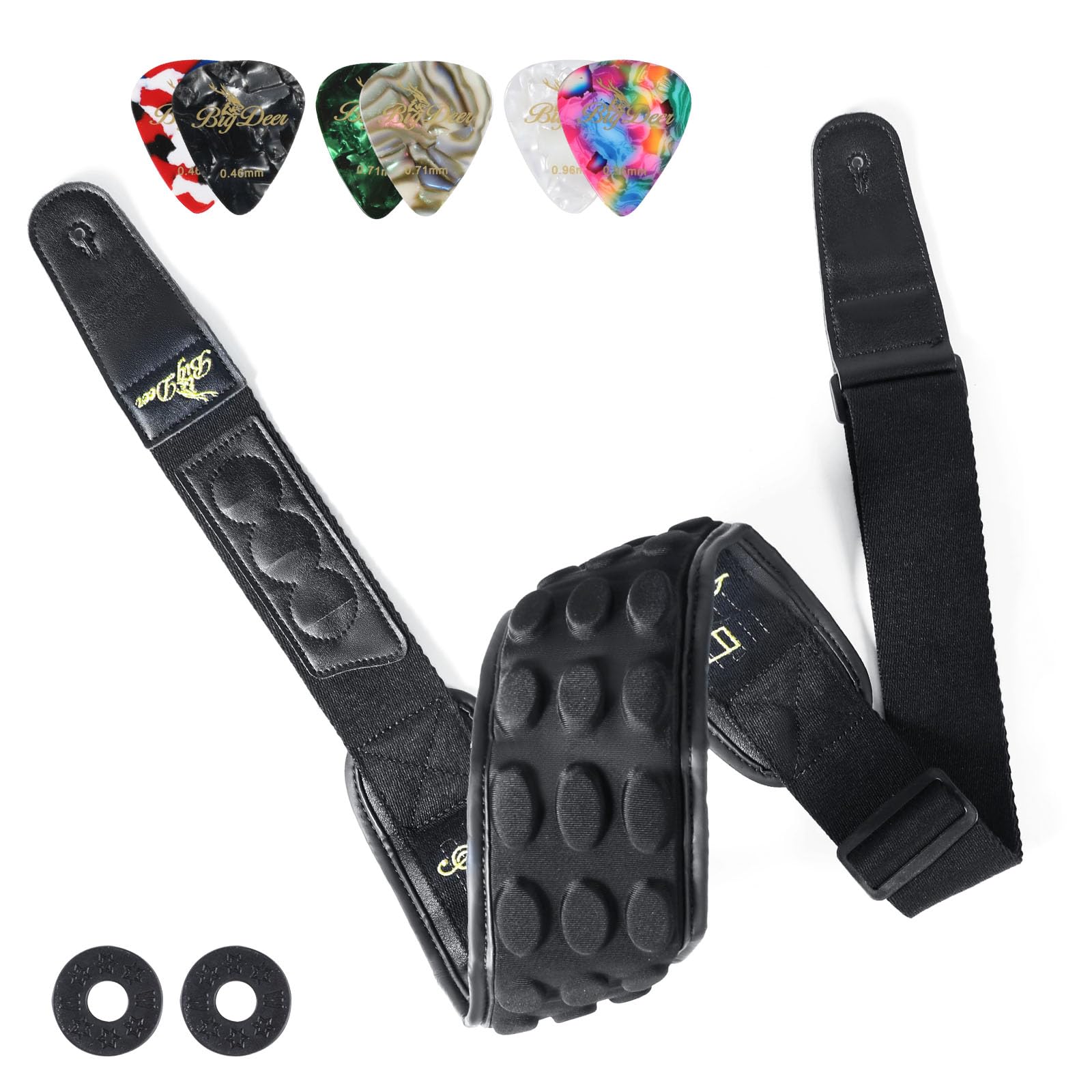 BigDeer pure black bass guitar strap for heavy bass and guitar, 3.35 "wide 3D sponge filled and neoprene material A-gold Embroidery A- 50" to 60"