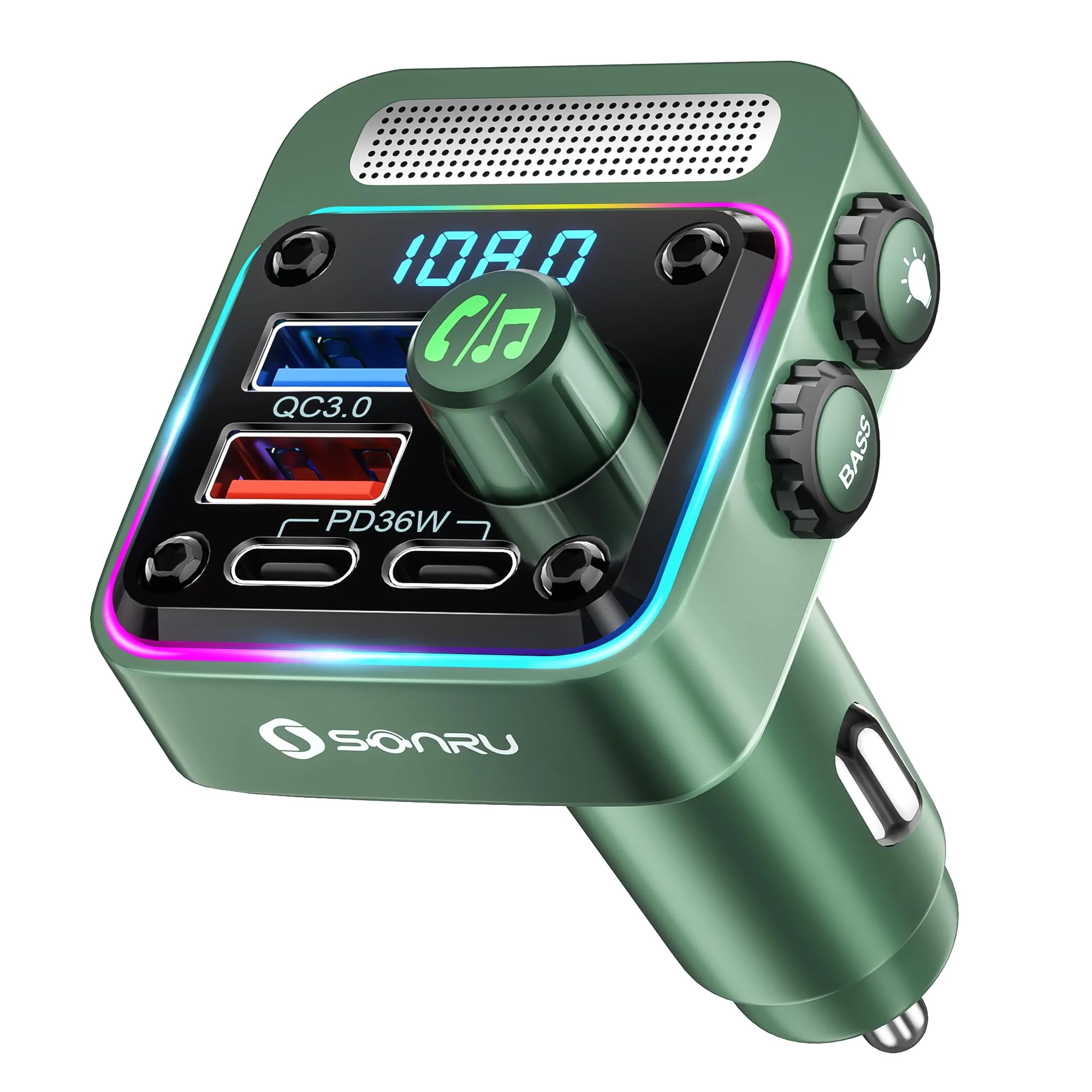 Bluetooth 5.3 FM Transmitter Car Adapter - SONRU Car Charger 54W [PD 36W & QC3.0 18W], Wireless FM Radio Transmitter [HiFi Treble & Bass Player], 5 Colors LED Backlit, Hands-Free Calling, U-Disk Green