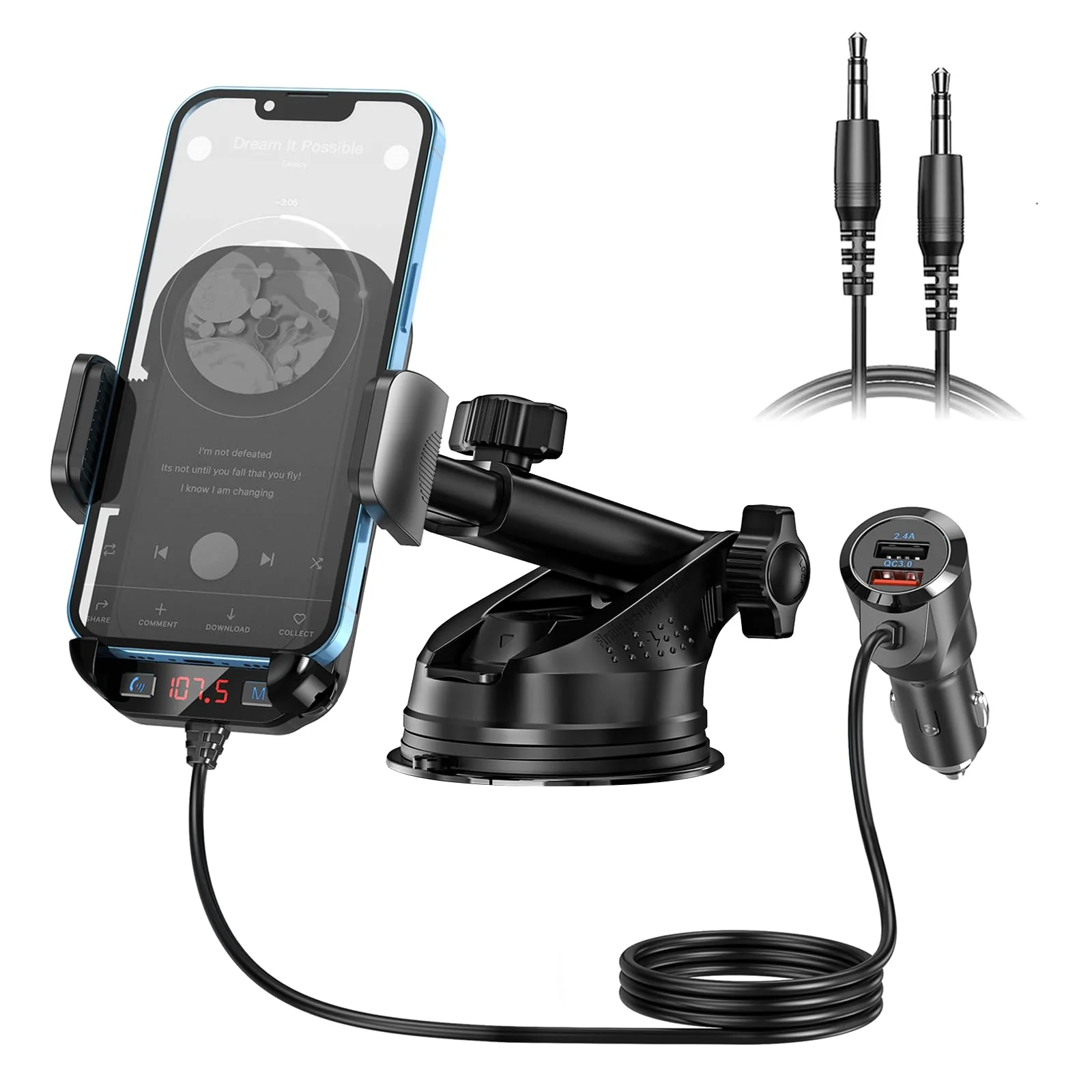 Bluetooth Car Adapter 3 in 1 FM Transmitter Car Radio Bluetooth Transmitter with Phone Holder, QC3.0 Fast Charging, Strong Microphone, HiFi Bass Sound, Hands-Free Call, Support USB/TF Drive Black