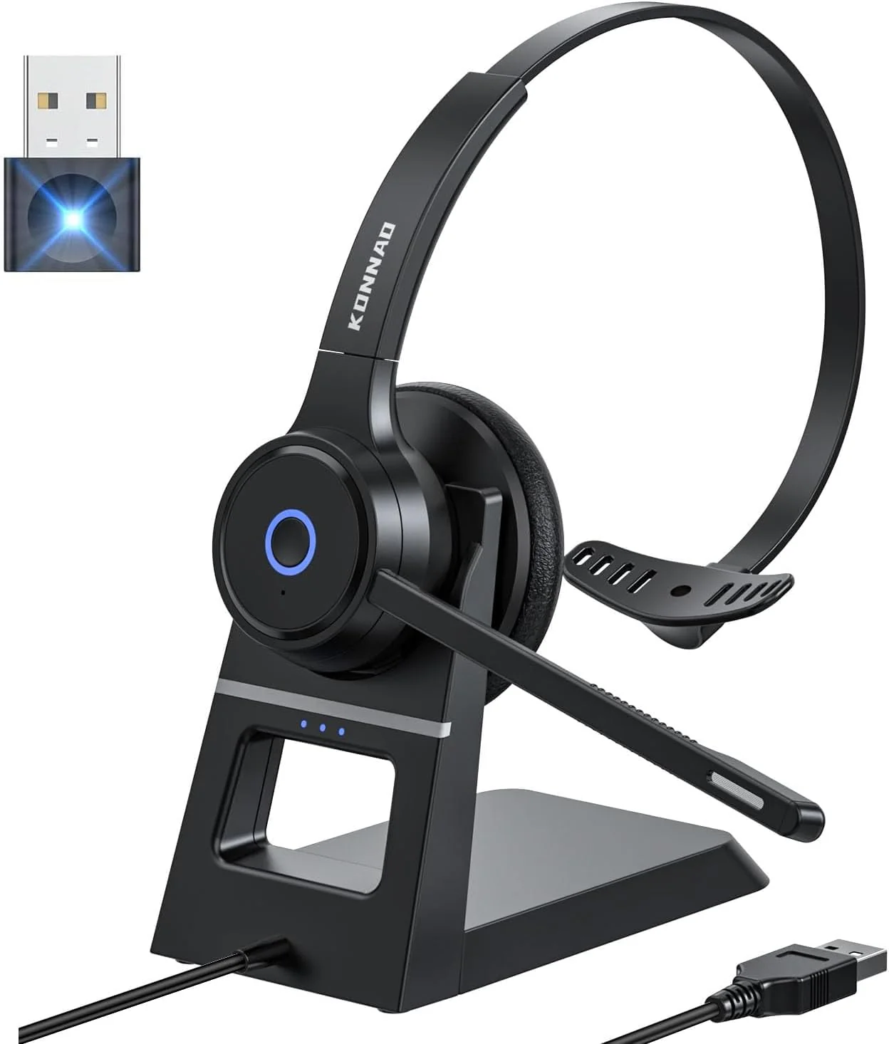 Bluetooth Headset with AI Noise Cancelling Microphone, V5.3 Wireless Headphones with USB Dongle, Charging Station, Microphone Mute Switch, Wireless Headsets for Work Black
