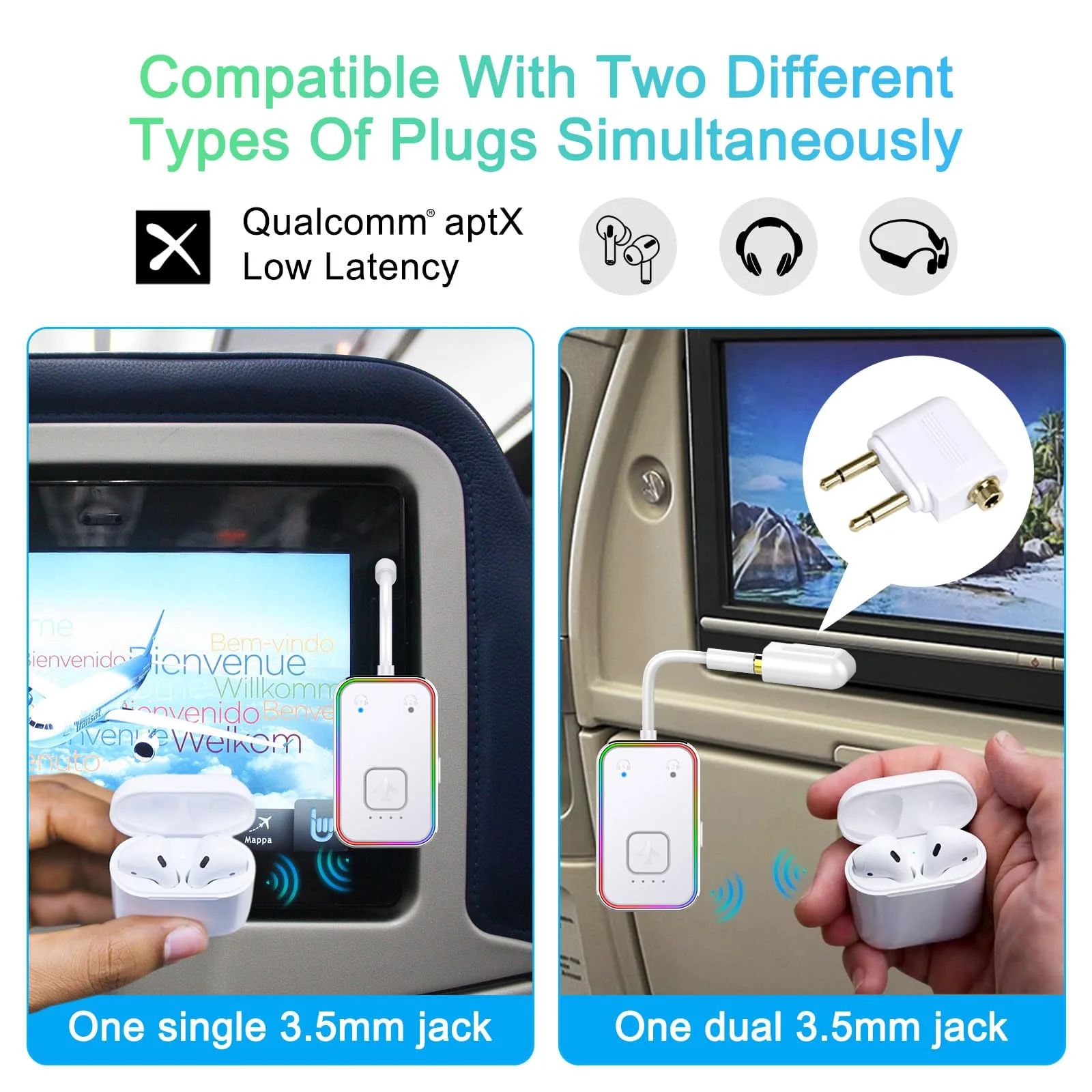 Bluetooth Transmitter for Airplane,Bluetooth V5.4 Transmitter for 2 Airpods/Headphones Dual Pairs.Wireless Transmitter for in-flight/TV/Gym,with AptX LL,Metal Frame White - Image 3