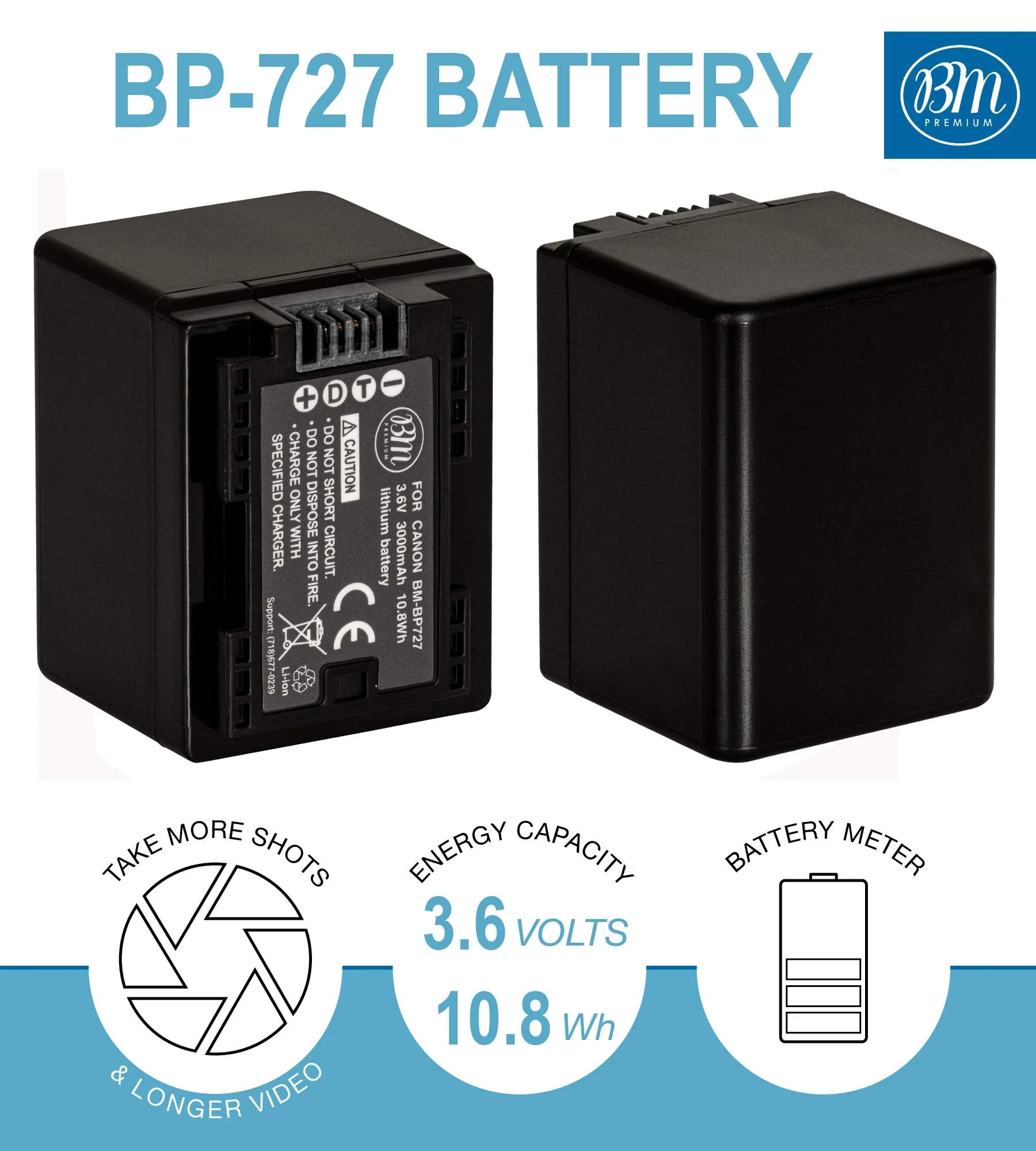 BM Premium BP-727 Battery for Canon Vixia HF R80, HF R82, HF R800, HFR70, HFR72, HFR700, HFM50, HFM52, HFM500, HFR30, HFR32, HFR300, HFR40, HFR42, HFR400, HFR50, HFR52, HFR500, HFR60, HFR62, HFR600 - Image 2