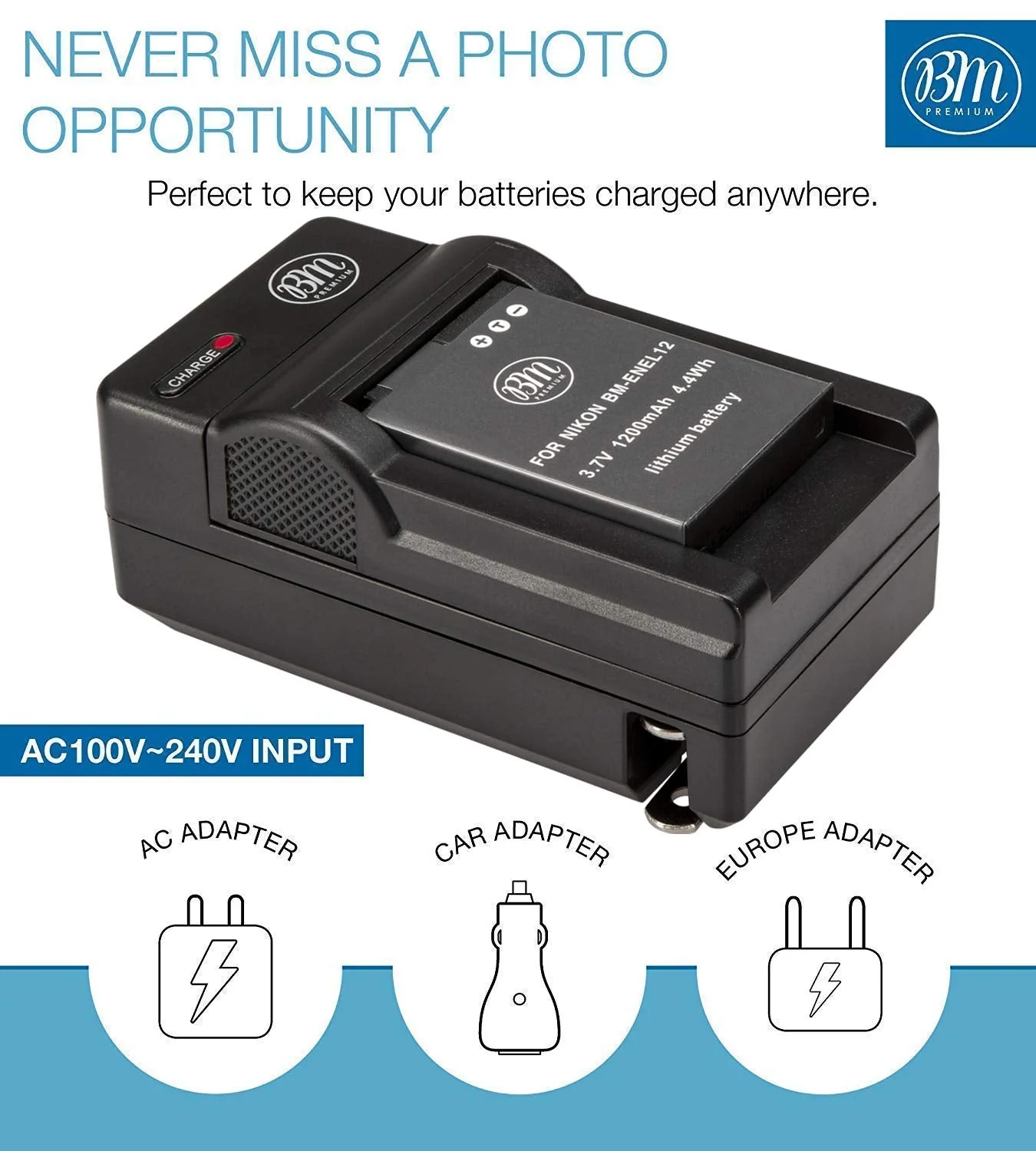 BM Premium EN-EL12 Battery and Charger for Nikon Coolpix A1000 B600 W300 A900 AW100 AW110 AW120 AW130 S6300 S8100 S8200 S9050 S9200 S9300 S9400 S9500 S9700 S9900 P310 P330 P340 KeyMission 170, 360 - Image 3
