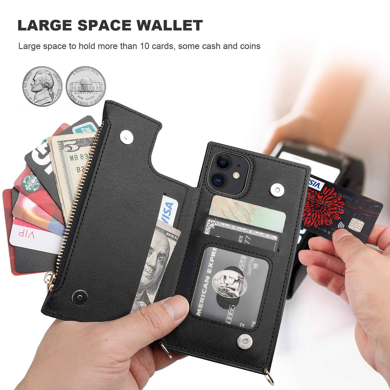 Bocasal Crossbody Wallet Case for iPhone 11 with Card Holder,Zipper Card Slot Protector Shockproof Purse Cover with Removable Cross Body Strap 6.1 Inch(Black) Black For iPhone 11 6.1 inch display - Image 4