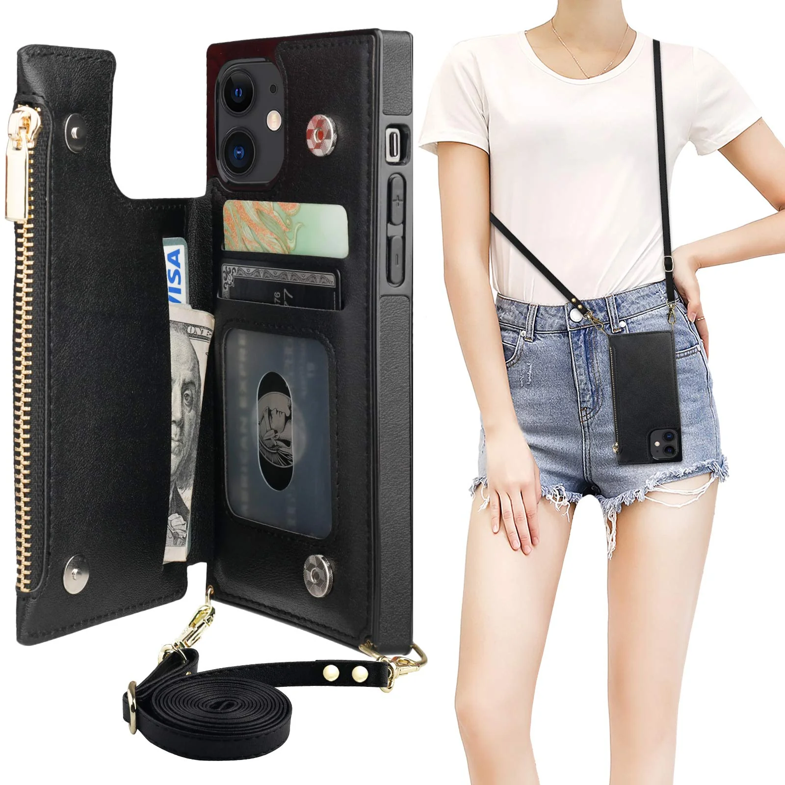 Bocasal Crossbody Wallet Case for iPhone 12/12 Pro with Card Holder,Zipper Card Slot Protector Shockproof Purse Cover with Removable Cross Body Strap 6.1 Inch(Black) Black For iPhone 12/12 Pro 6.1 inch dispaly