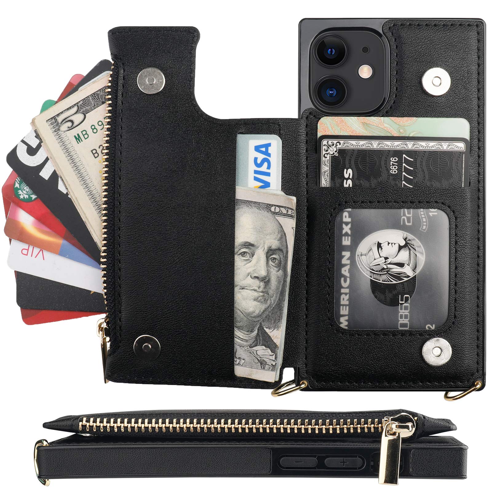 Bocasal Crossbody Wallet Case for iPhone 12/12 Pro with Card Holder,Zipper Card Slot Protector Shockproof Purse Cover with Removable Cross Body Strap 6.1 Inch(Black) Black For iPhone 12/12 Pro 6.1 inch dispaly - Image 3