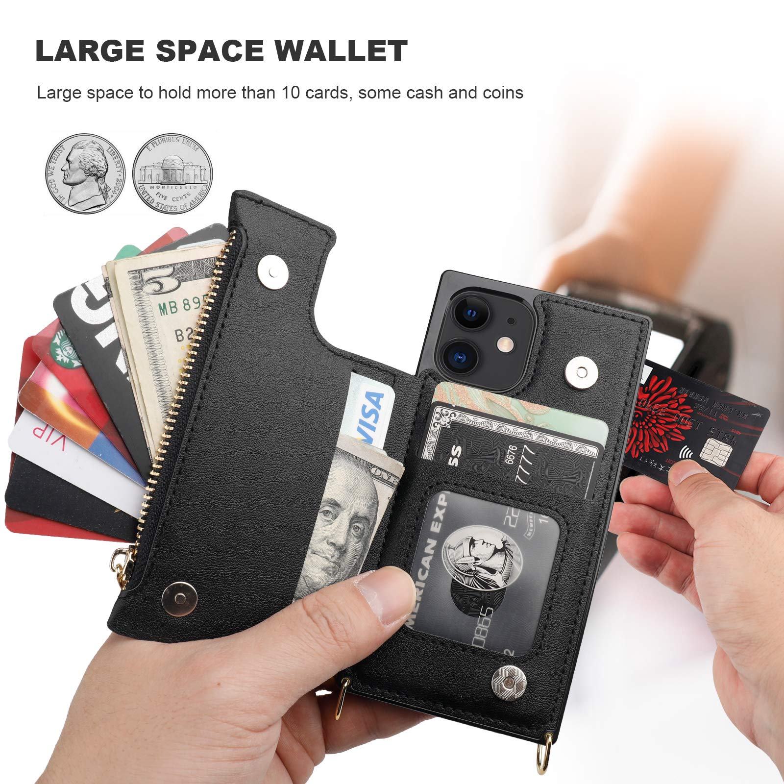 Bocasal Crossbody Wallet Case for iPhone 12/12 Pro with Card Holder,Zipper Card Slot Protector Shockproof Purse Cover with Removable Cross Body Strap 6.1 Inch(Black) Black For iPhone 12/12 Pro 6.1 inch dispaly - Image 4