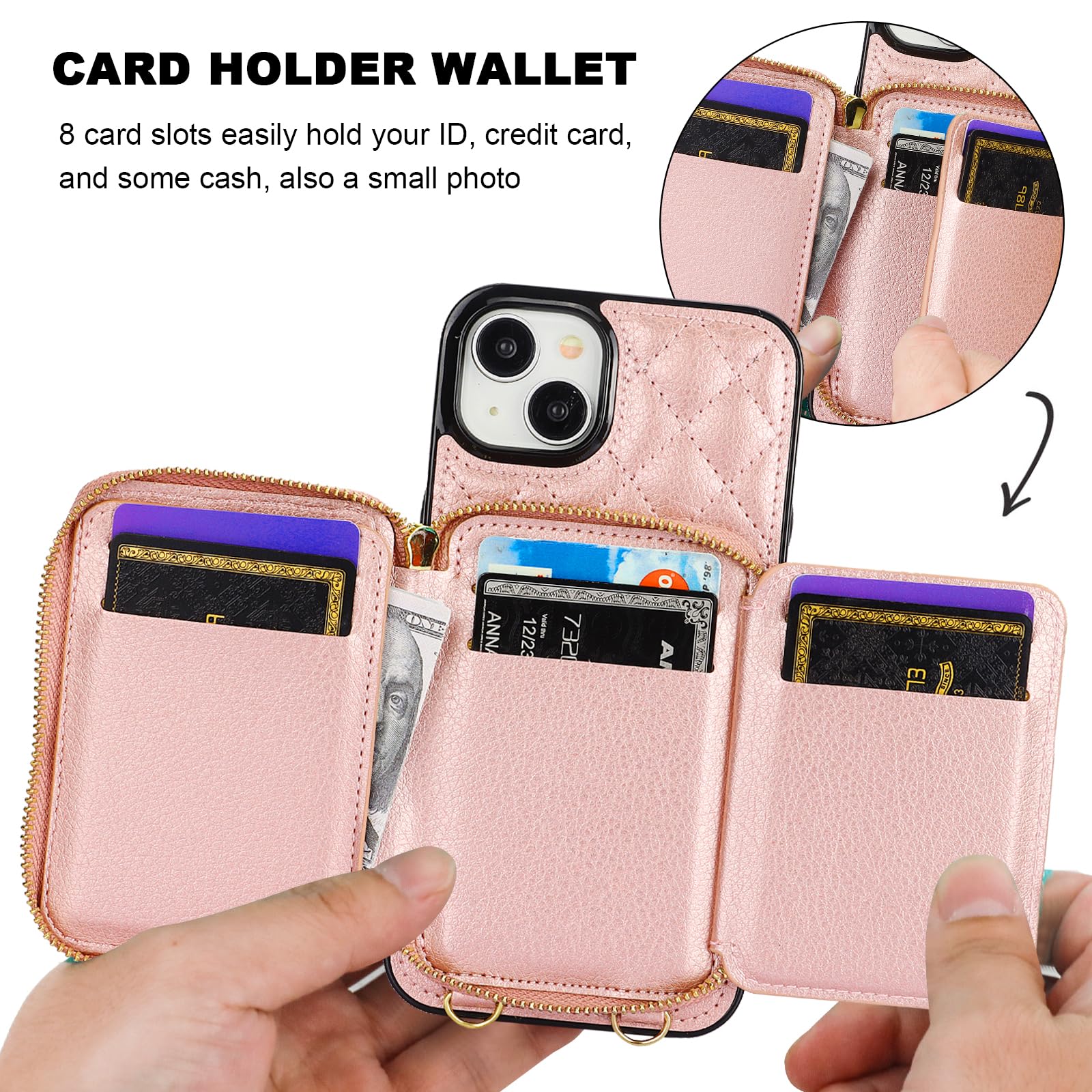 Bocasal Crossbody Wallet Case for iPhone 15 Plus, RFID Blocking PU Leather Zipper Handbag Purse Flip Cover, Kickstand Folio Case with Card Slots Holder Wrist Strap Lanyard 5G 6.7 Inch (Rose Gold) Rose Gold - Image 4