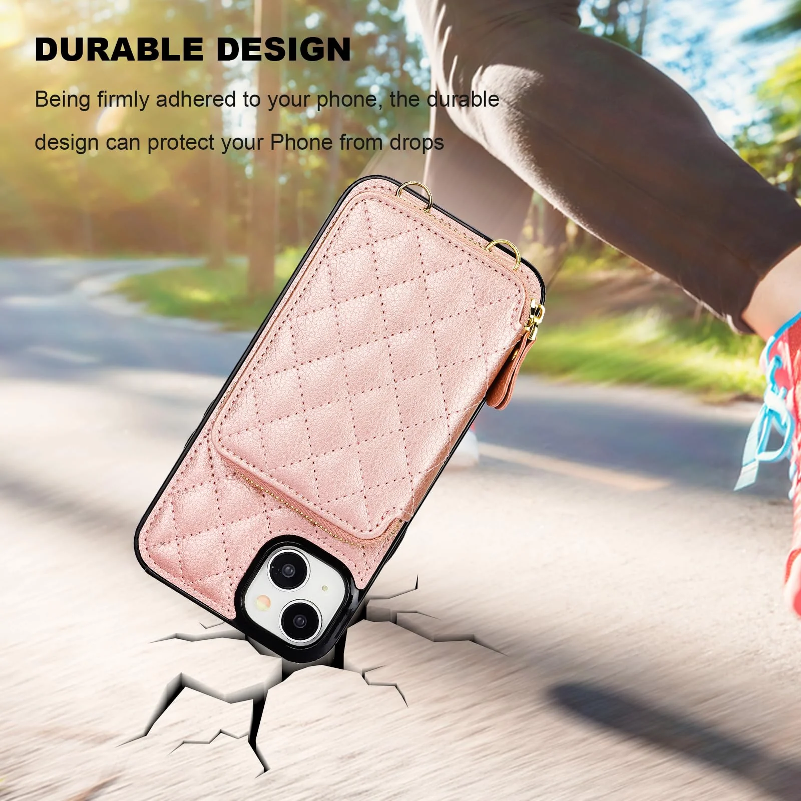 Bocasal Crossbody Wallet Case for iPhone 15 Plus, RFID Blocking PU Leather Zipper Handbag Purse Flip Cover, Kickstand Folio Case with Card Slots Holder Wrist Strap Lanyard 5G 6.7 Inch (Rose Gold) Rose Gold - Image 8