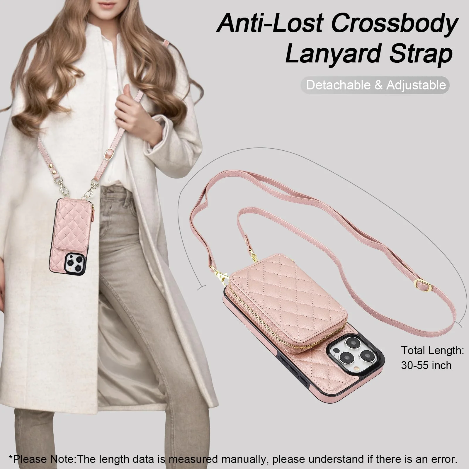 Bocasal Crossbody Wallet Case for iPhone 15 Pro Max, RFID Blocking PU Leather Zipper Handbag Purse Flip Cover, Kickstand Folio Case with Card Slots Holder Wrist Strap Lanyard 5G 6.7 Inch (Rose Gold) Rose Gold - Image 5