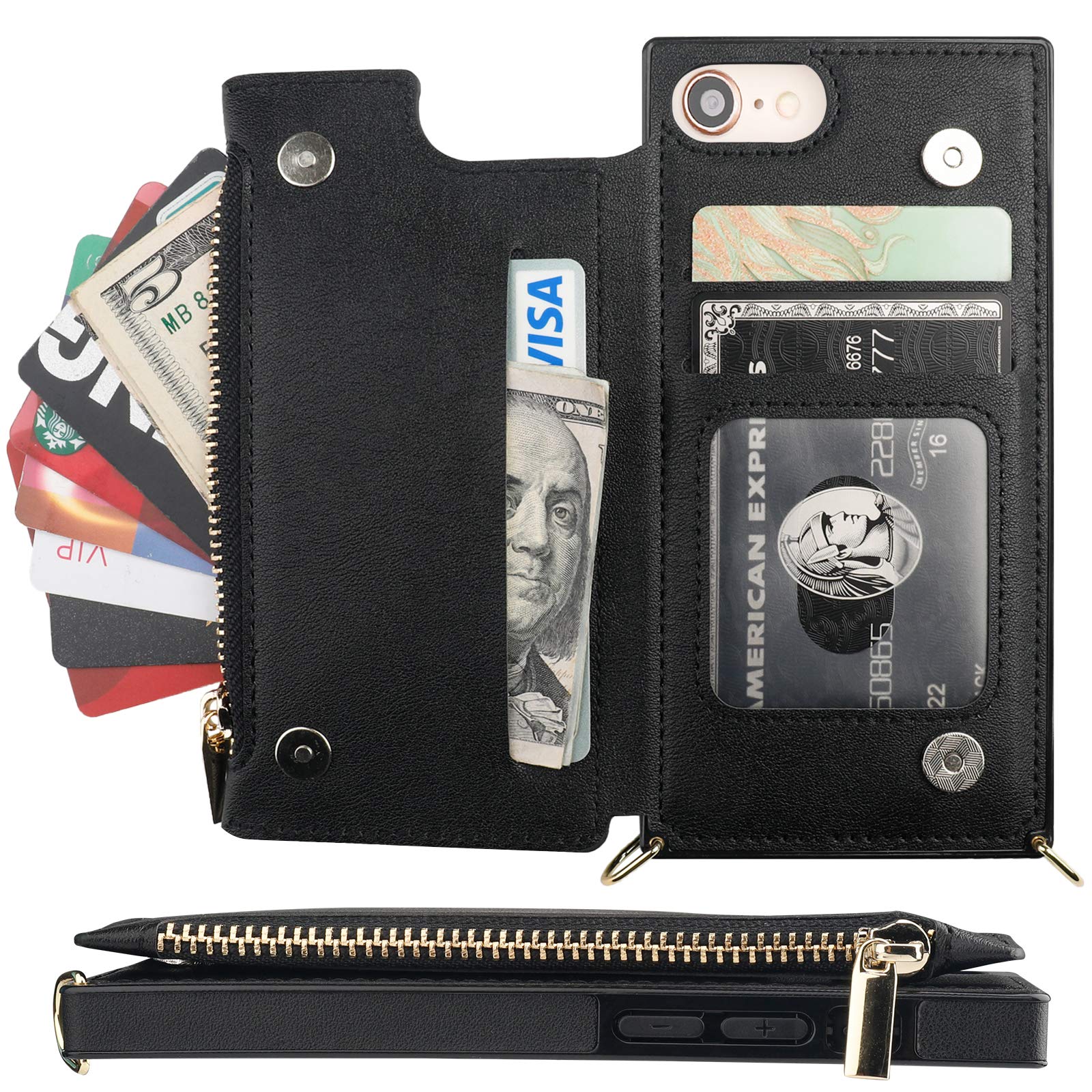 Bocasal Crossbody Wallet Case for iPhone SE 2022/SE 2020/7/8 with Card Holder,Zipper Card Slot Protector Shockproof Purse Cover with Removable Cross Body Strap 4.7 Inch(Black) Black For iPhone 7/8/SE3 2022/SE2 2020(4.7 inch display) - Image 3