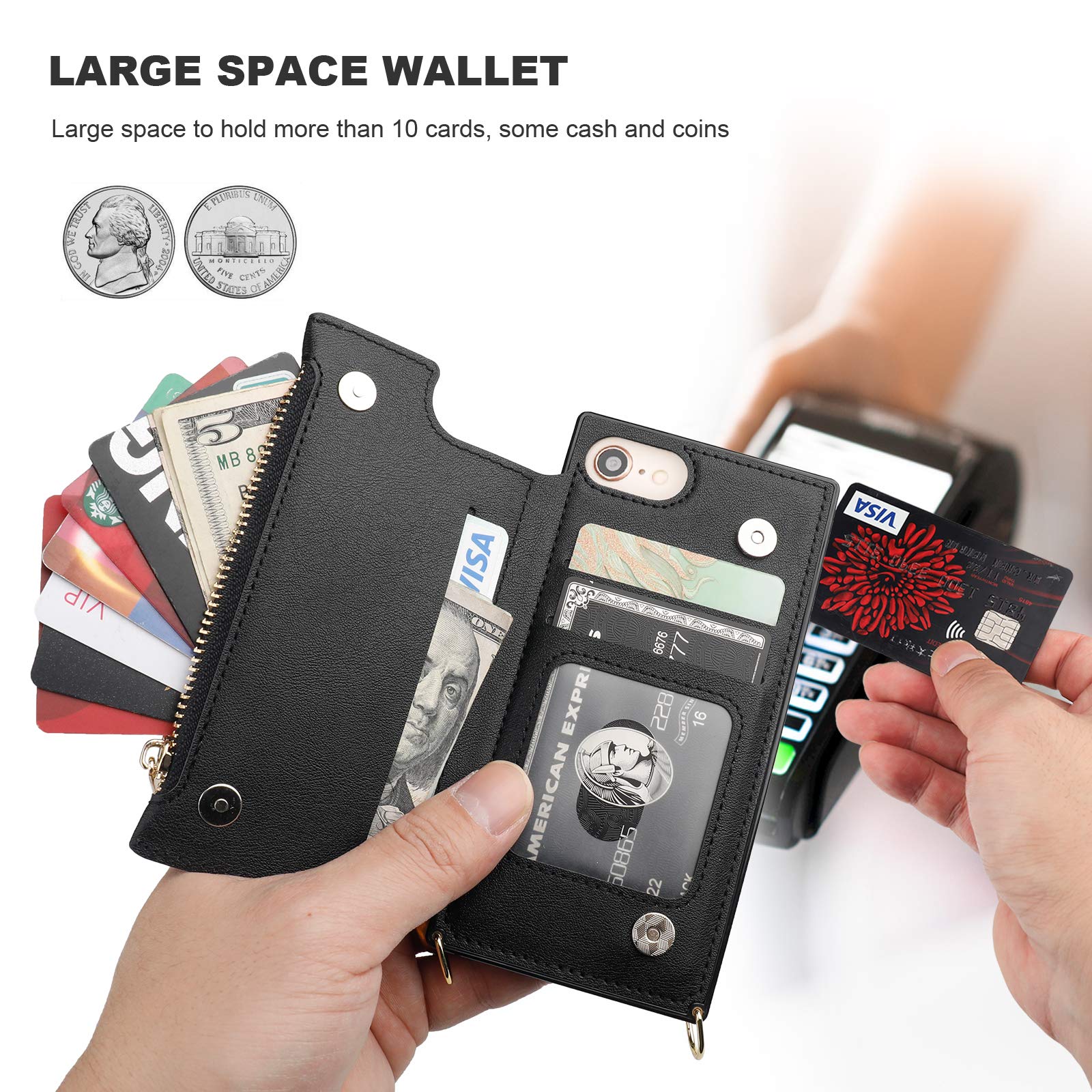 Bocasal Crossbody Wallet Case for iPhone SE 2022/SE 2020/7/8 with Card Holder,Zipper Card Slot Protector Shockproof Purse Cover with Removable Cross Body Strap 4.7 Inch(Black) Black For iPhone 7/8/SE3 2022/SE2 2020(4.7 inch display) - Image 4