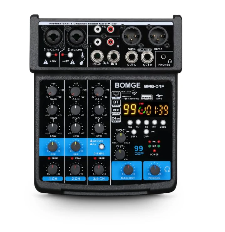 BOMGE 4 Channel mini DJ Audio Sound Mixer Interface with MP3、 USB, Bluetooth, Stereo Recording, 48V Phantom Power, 99 DSP for karaoke, performance, church singing, podcas streaming BLACK-04F