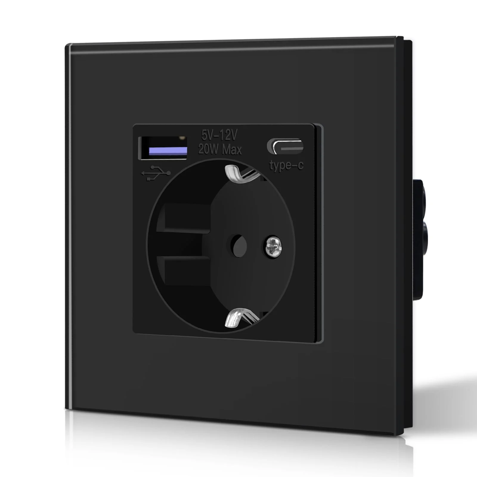 BSEED Glass Socket with 20 W USB C, Quick Charger Wall Socket, 3-in-1 Flush-Mounted Sockets, Easy Installation, 240 V 16 A, 86 mm Single Black 1-gang