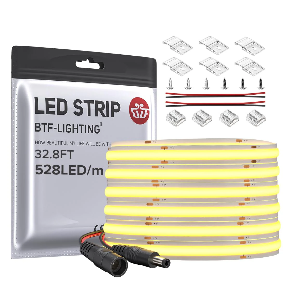 BTF-LIGHTING FCOB COB LED Strip 528LED/m Flexible High Density Uniform Light 14W/m 32.8FT DC24V Warm White 3000K CRI 90+ 10mm Width for Home Indoor Decor(No Adapter or Controller) Warm White 3000K IP30 32.8FT DC24V 528LED/m