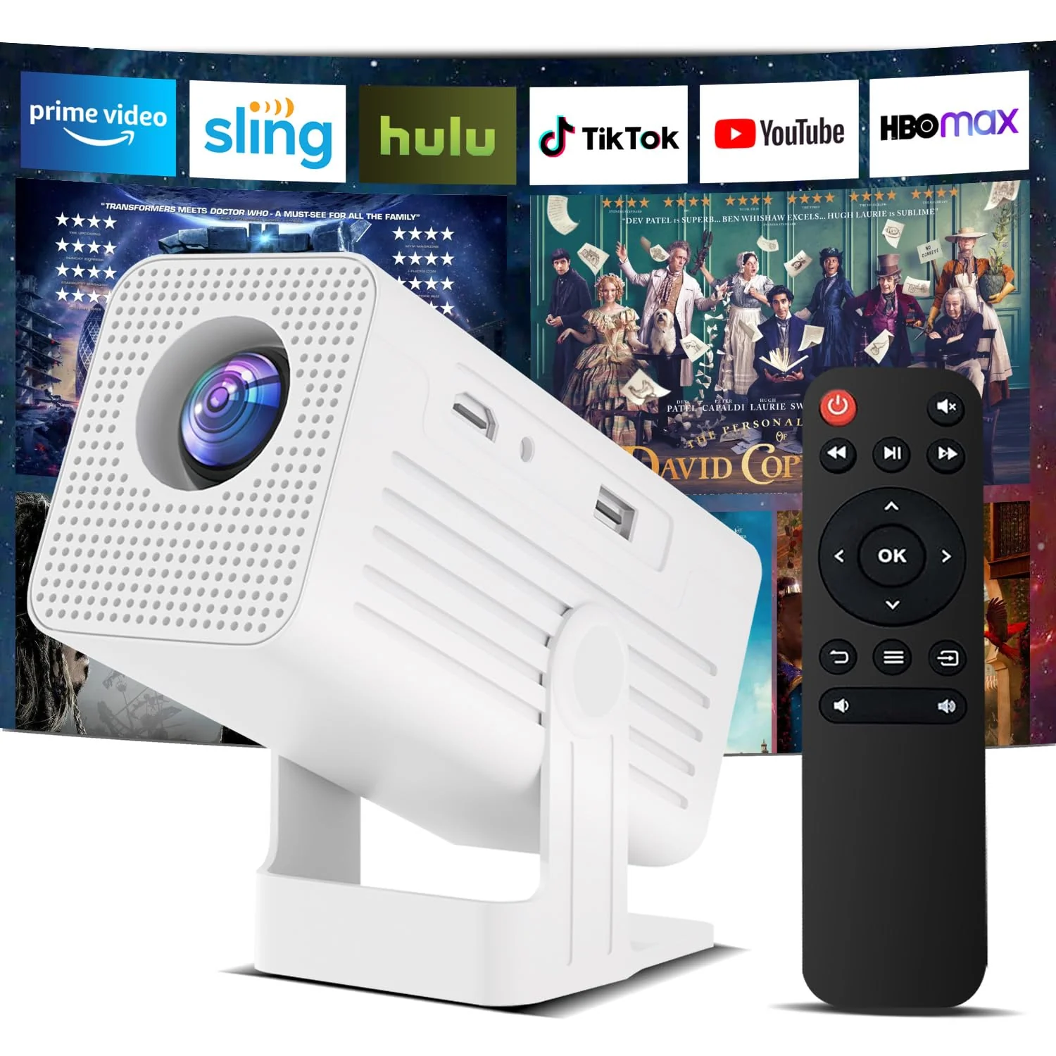 [Built-in Apps & 4K Support ] Mini Projector with Wifi and Bluetooth,Portable Projector Native 1080P Support Auto Keystone Movie Projector Compatible with HDMI/USB/iOS/Android,135° for Home,Outdoor White