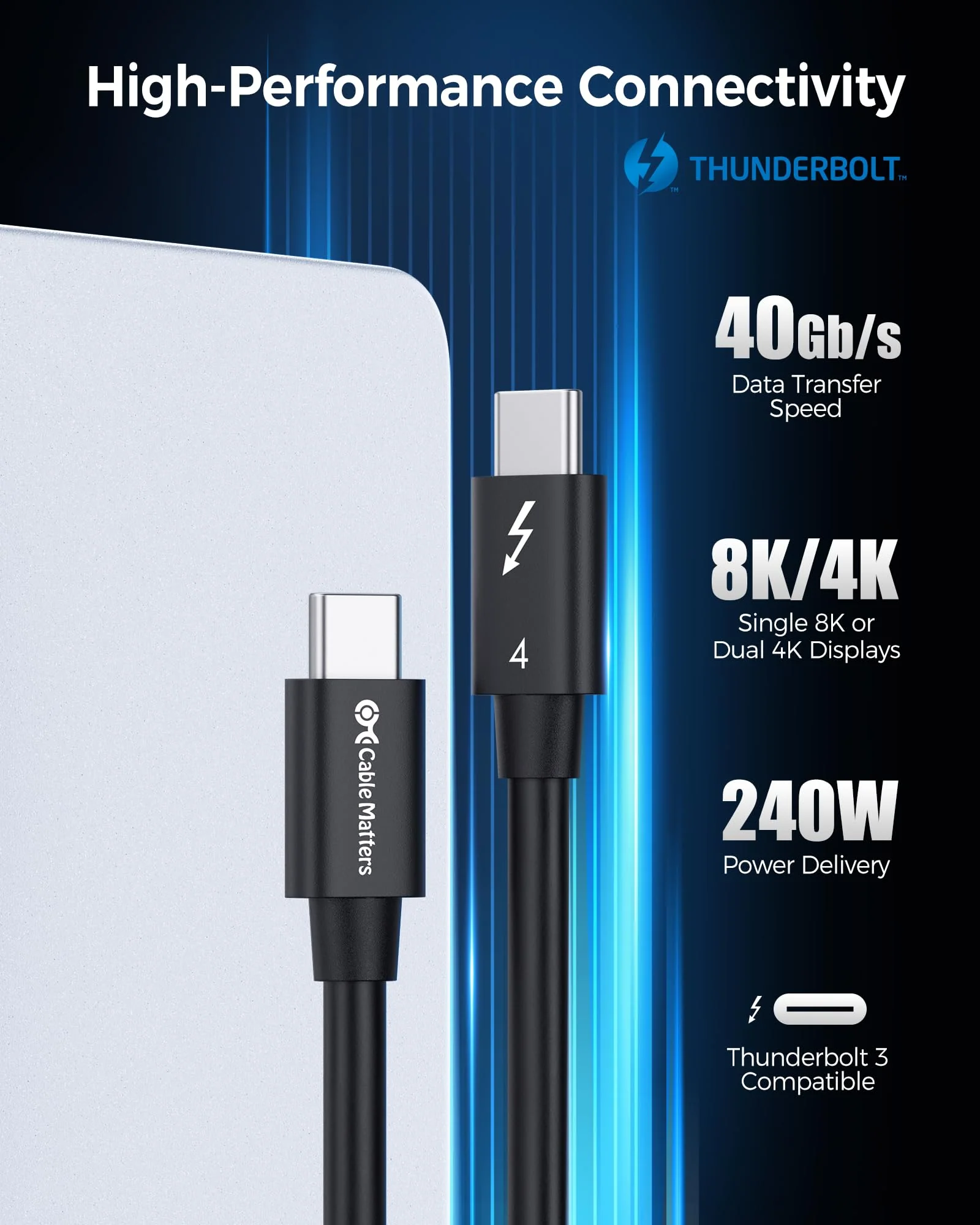 Cable Matters [Intel Certified] 40Gbps Thunderbolt 4 Cable 1ft with 8K Video and 240W Charging - 0.3m, Compatible with USB4, Thunderbolt 3 Cable and USB-C 1 Foot Black - Image 2