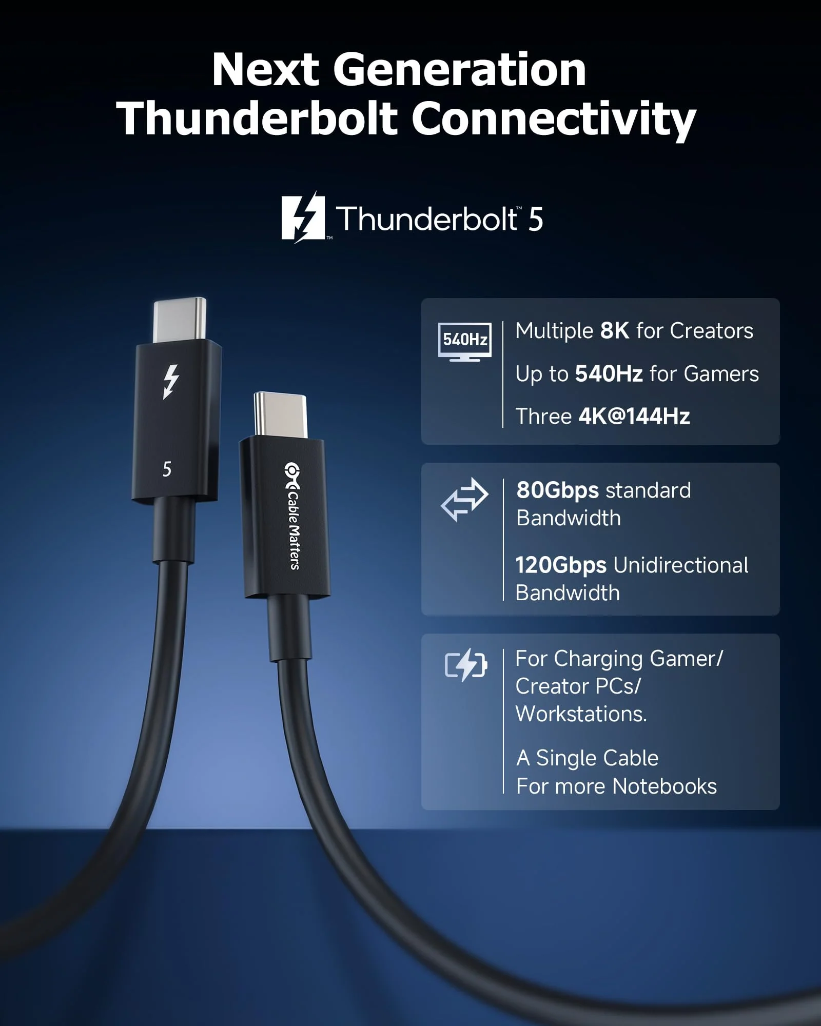 Cable Matters [Intel Certified] 80Gbps Thunderbolt 5 Cable with up to 120Gbps Bandwidth Boost and 240W Charging in Black - 0.3m / 1ft, Compatible with Thunderbolt 4, USB4, Thunderbolt 3 and USB-C 1 ft - Image 2