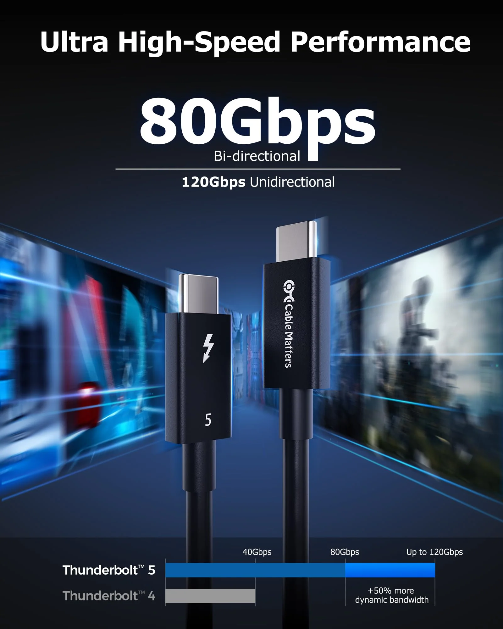 Cable Matters [Intel Certified] 80Gbps Thunderbolt 5 Cable with up to 120Gbps Bandwidth Boost and 240W Charging in Black - 0.3m / 1ft, Compatible with Thunderbolt 4, USB4, Thunderbolt 3 and USB-C 1 ft - Image 4