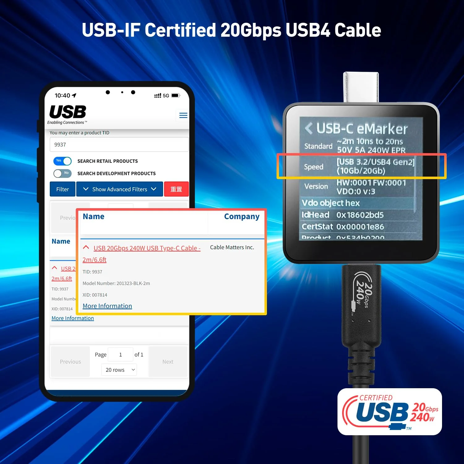 Cable Matters [USB-IF Certified] 20Gbps Long USB4 Cable/USB 4 Cable 6.6ft, Supports Up to [8K@30Hz / 4K@120Hz Video, 240W Charging, 20Gbps Data Transfer] Compatible with Thunderbolt 4 Cable, MacBook - Image 2