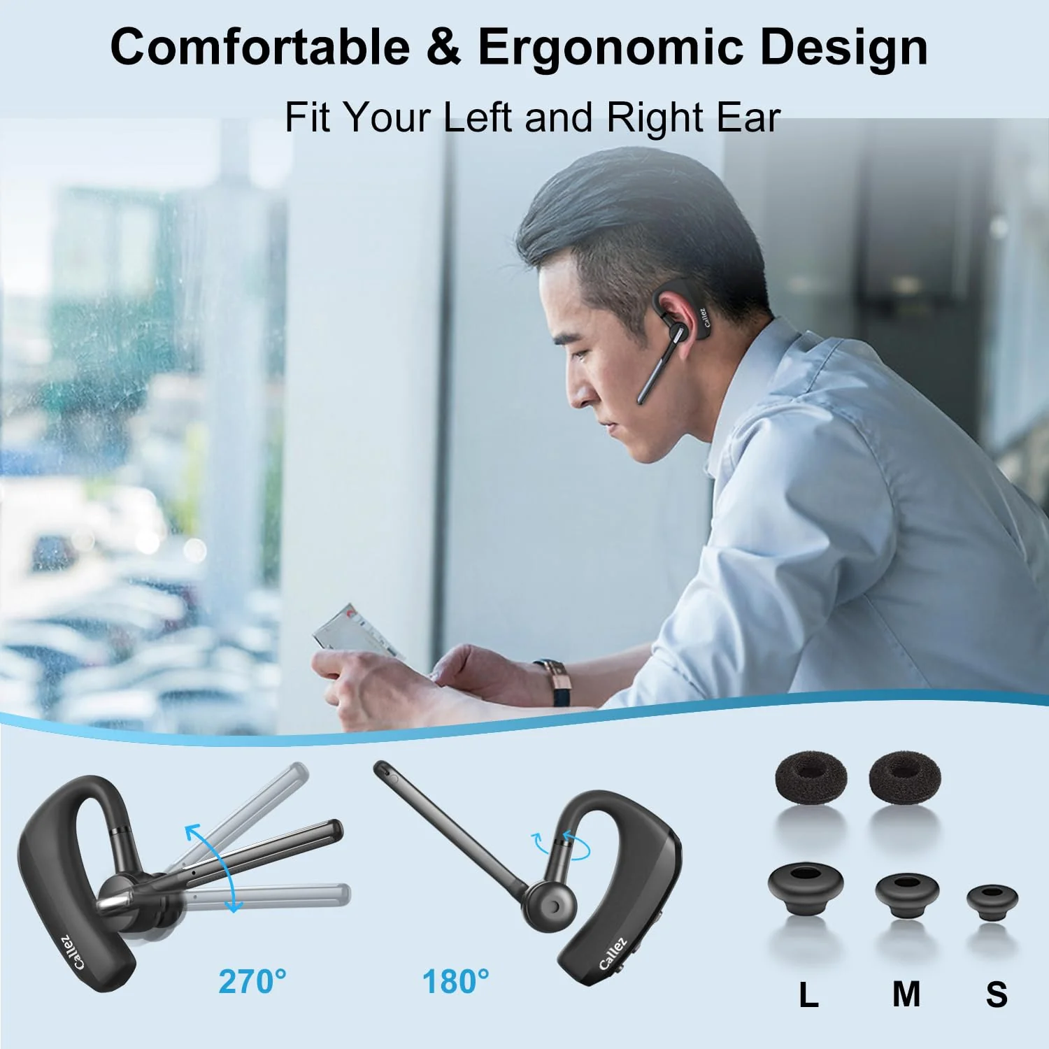 Callez Bluetooth Headset V5.0, Bluetooth Earpiece with CVC8.0 Dual Mic Noise Cancelling Wireless Headset for iPhone Android Cell Phone Trucker Business Office Work, Clear Chat Black - Image 4