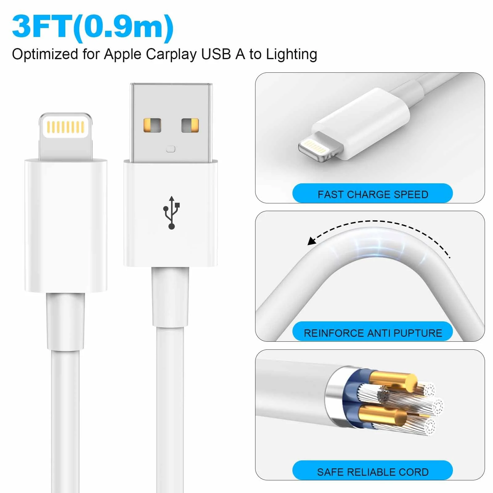 Car Apple Carplay Cable,USB A to Lightning Cable Compatible with iPhone 14 13 12 11 Pro Max XR XS X Charger Cord,Car Charging Cable White - Image 5