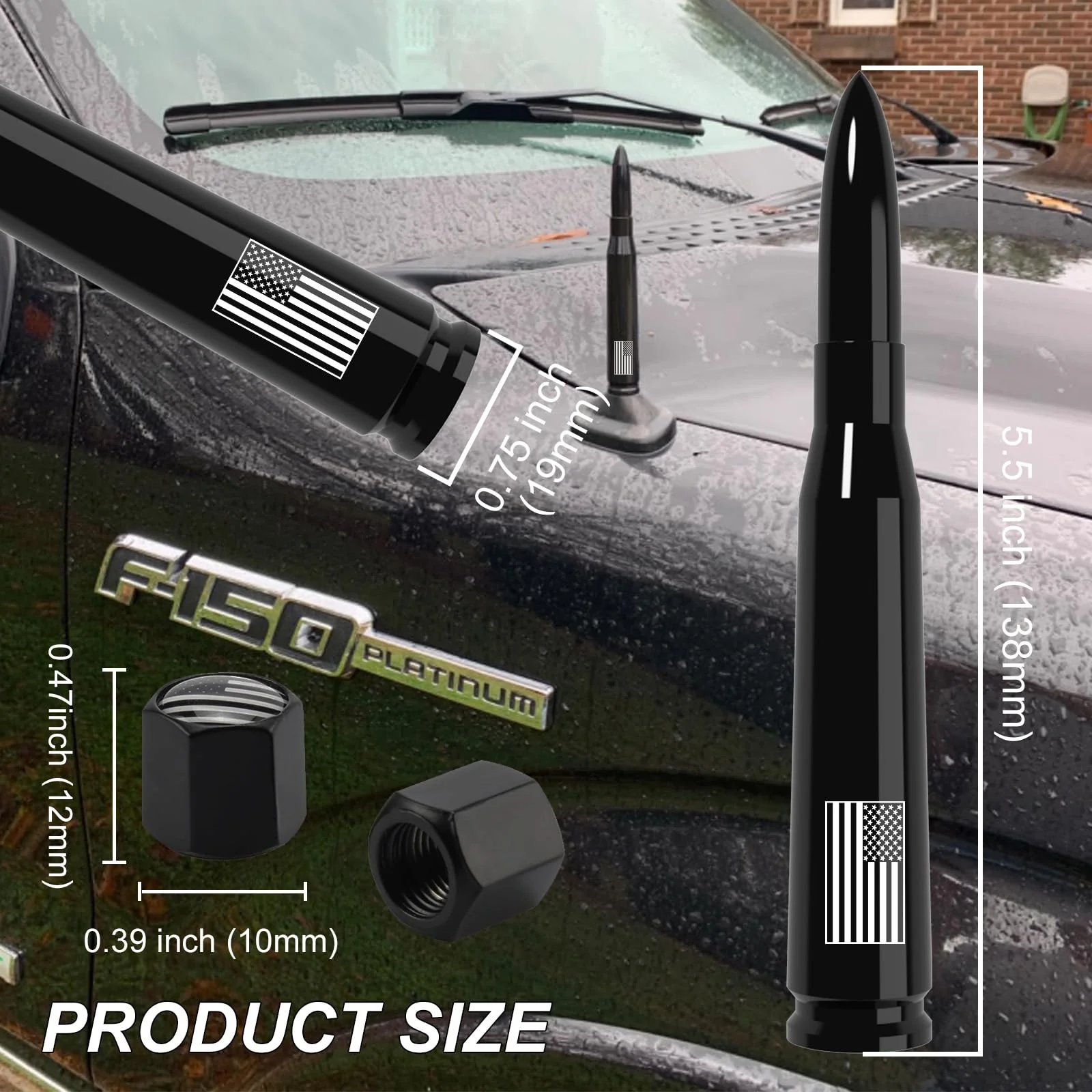 Car Truck Antenna with Tire Valve Caps American Flag Universal Short Replacement for GMC Sierra Chevy Silverado Dodge Ram 1500 2500 3500 Ford F150 F250 F350 Super Duty Raptor Radio Accessories, Black 5.5 inch - Image 2