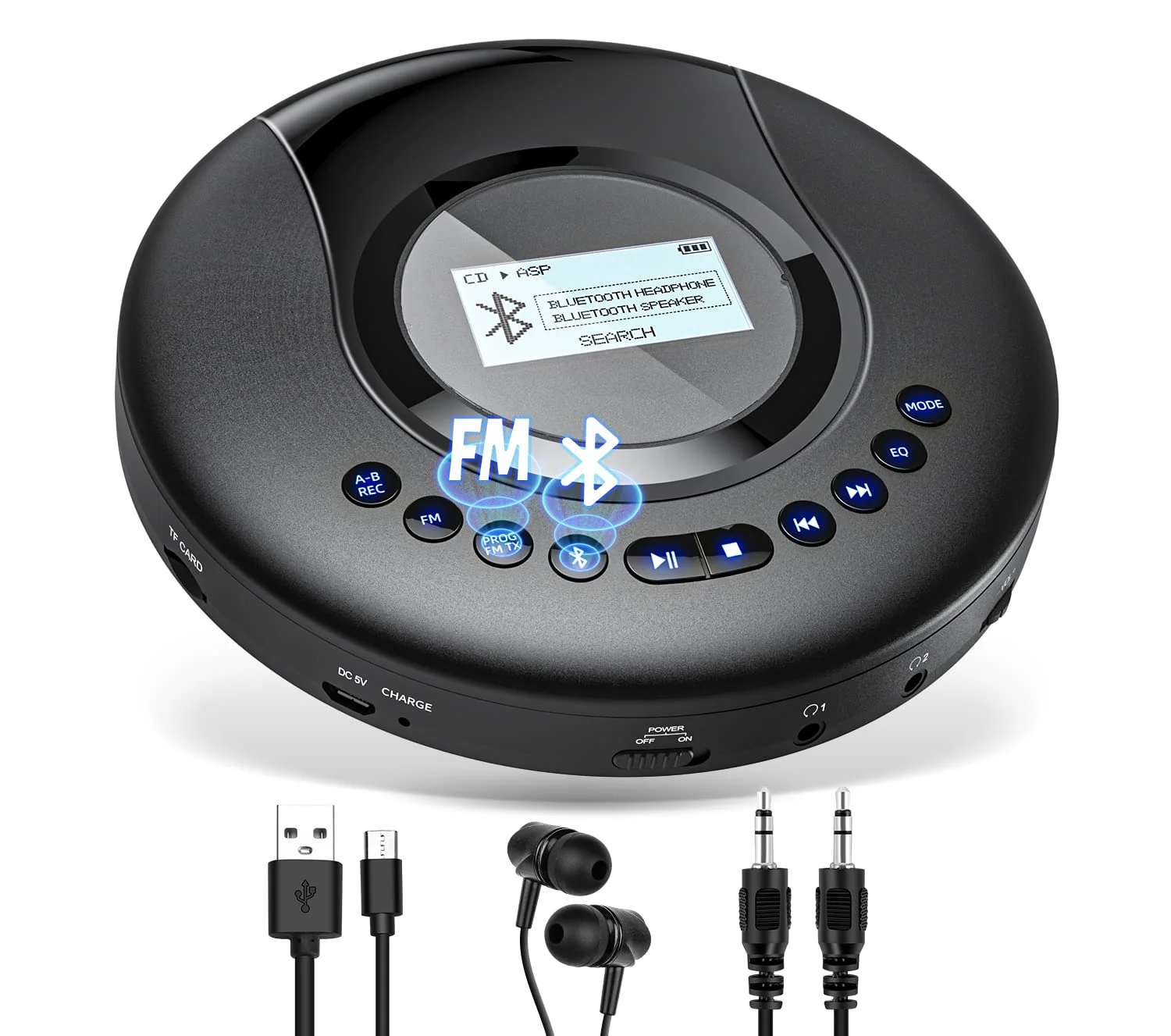 CD Player Portable ARAFUNA, Portable CD Player Bluetooth with FM Radio, 2000mAh Rechargeable CD Player for Car with LCD Screen, Anti Shock Protection Walkman CD Player with Headphone, AUX Cable Black